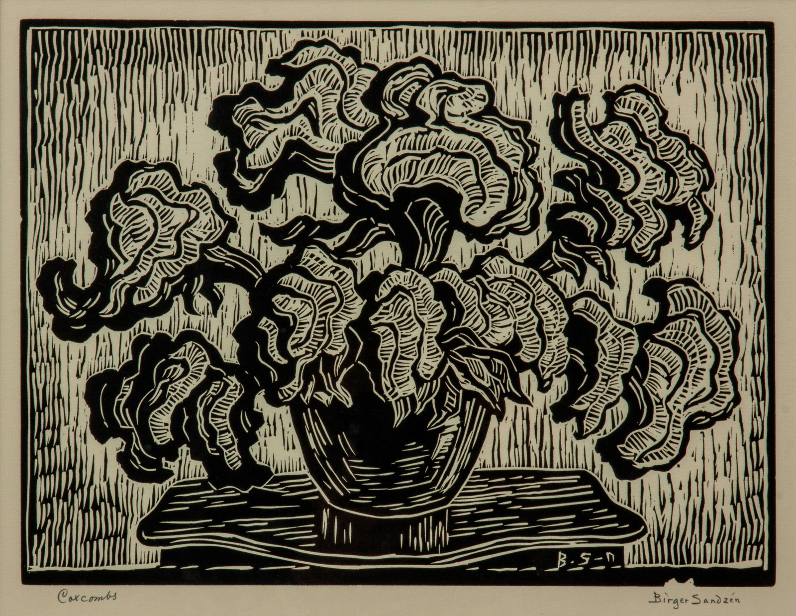 Birger Sandzen 'Coxcombs' Pencil-Signed Linocut: Birger Sandzen (Swedish-American, 1871-1954) Coxcombs, 1933 Linocut on paper One edition of 150 9" x 11 7/8" A pencil-signed and titled linoleum block still life of cockscombs on a tabletop. In a