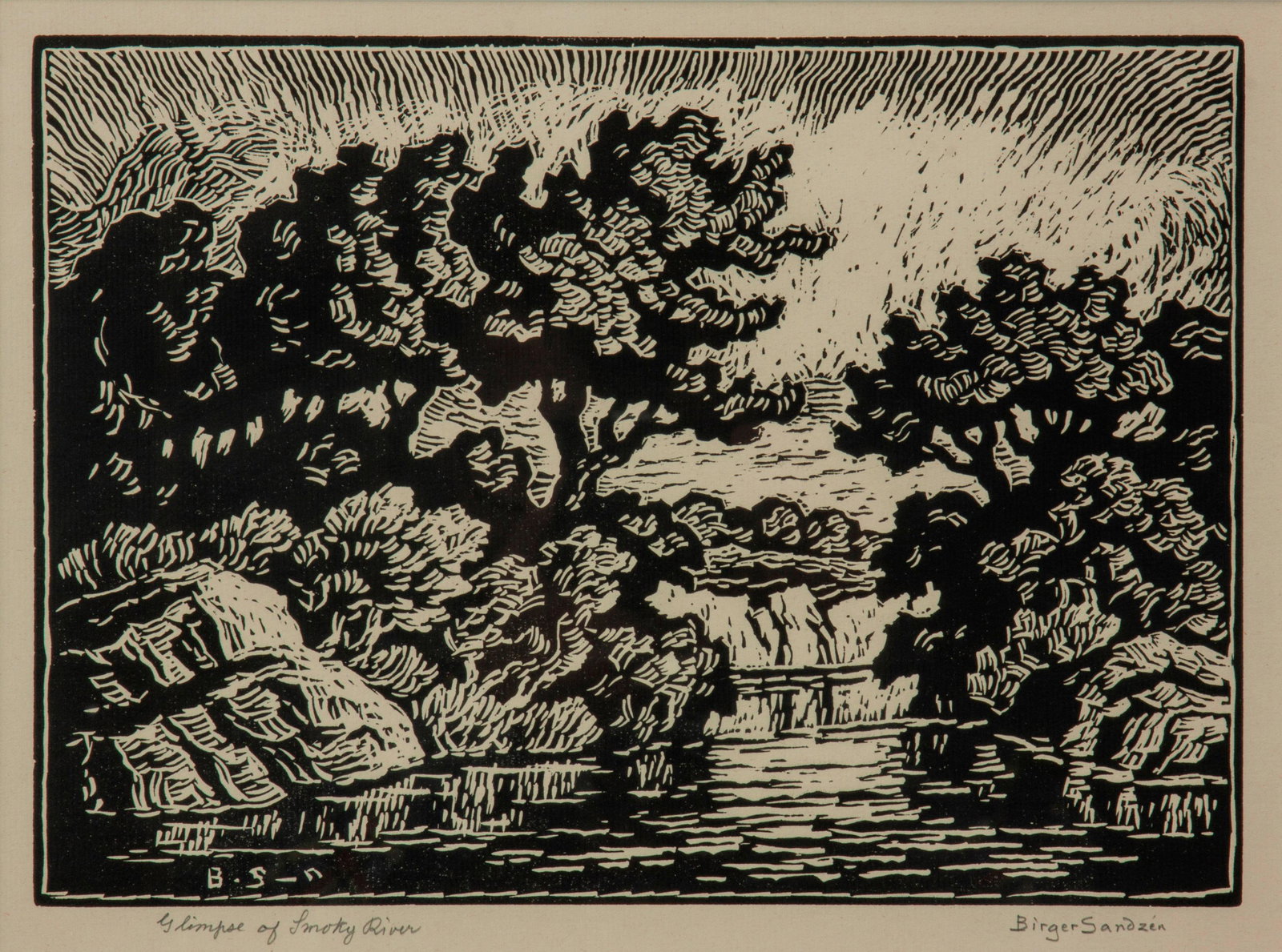 Birger Sandzen 'Glimpse of Smoky River' Signed Linocut: Birger Sandzen (Swedish-American, 1871-1954) Glimpse of Smoky River, 1948 Linocut on paper Two editions 8 5/8" x 12" A pencil-signed and titled linoleum block print of the Smoky River in Kansas,