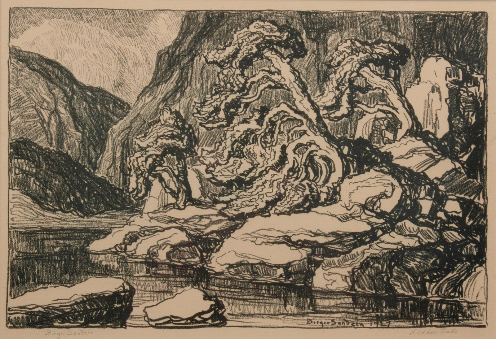 Birger Sandzen 'Hidden Lake' Pencil-Signed Lithograph: Birger Sandzen (Swedish-American, 1871-1954) Hidden Lake, 1927 Lithograph on paper Edition of 100 12" x 18" A pencil-signed and titled view of windswept pines in a rugged lake landscape. In a woo