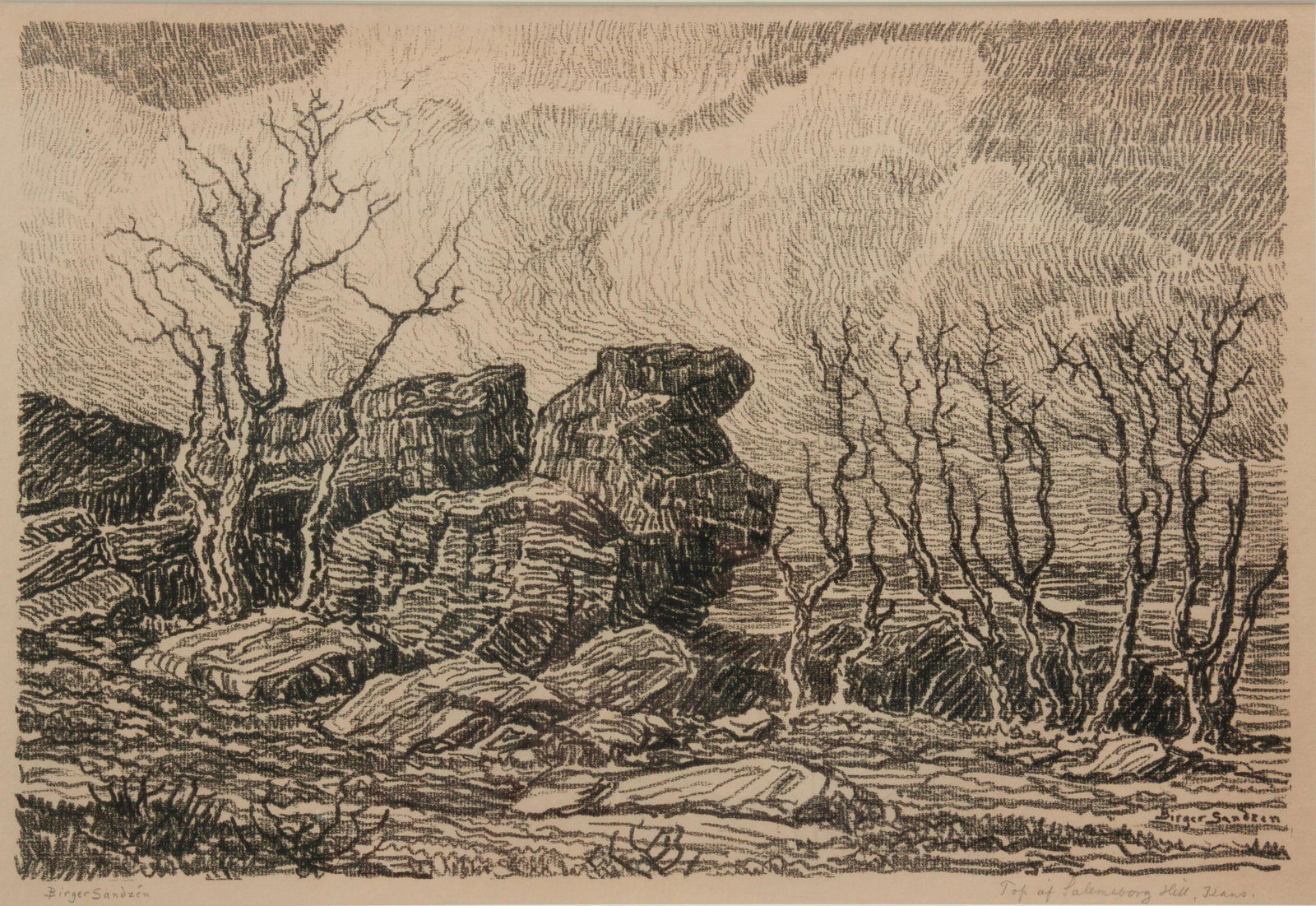 Birger Sandzen 'Top of Salemsborg Hill' Lithograph: Birger Sandzen (Swedish-American, 1871-1954) Top of Salemsborg Hill, Kansas, 1917 Lithograph on paper Edition of 100 12" x 18" A pencil-signed and titled landscape of rocks and barren trees 