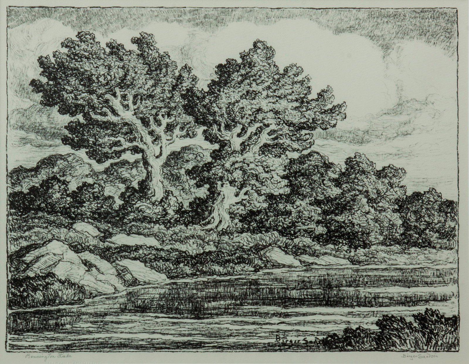 Birger Sandzen 'Bennington Lake' Signed Lithograph: Birger Sandzen (Swedish-American, 1871-1954) Bennington Lake, 1945 Lithograph on paper Edition of 100 14" x 18 3/8" A pencil-signed and titled lake view with trees, with a chop mark to the s