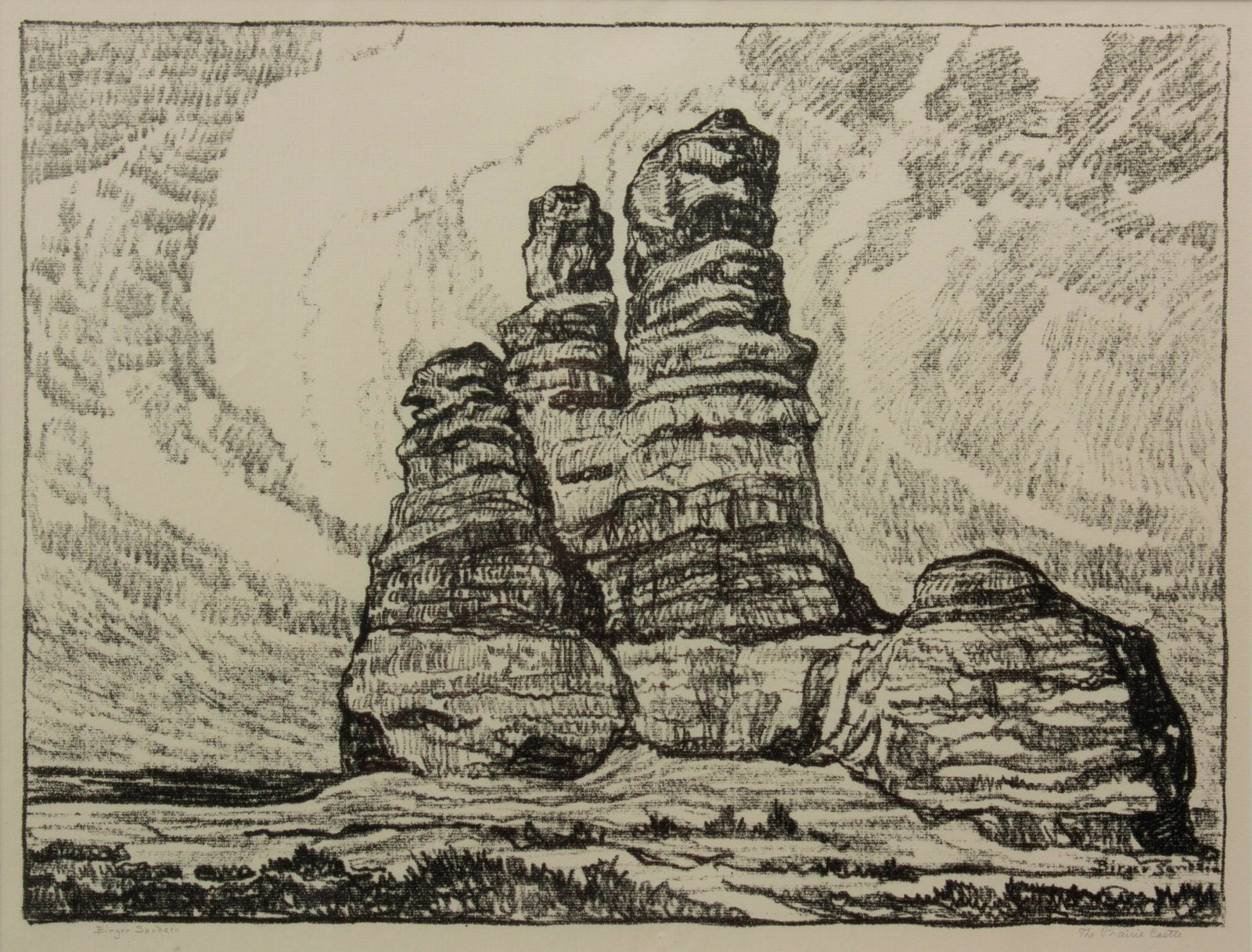 Birger Sandzen 'The Prairie Castle' Signed Lithograph: Birger Sandzen (Swedish-American, 1871-1954) The Prairie Castle, 1918 Lithograph on paper Edition of 50 15" x 20" A pencil-signed and titled depiction of Castle Rock, a limestone pillar formation