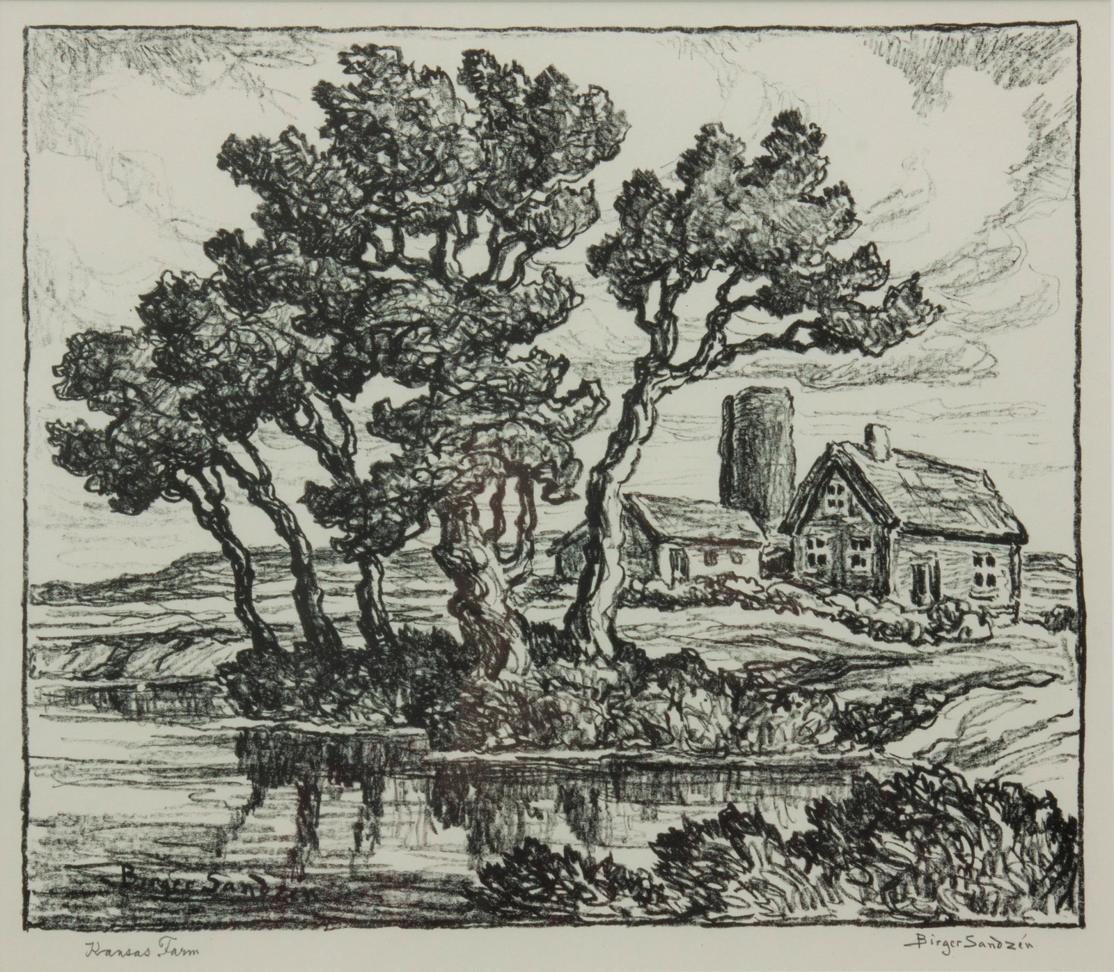 Birger Sandzen 'Kansas Farm' Pencil-Signed Lithograph: Birger Sandzen (Swedish-American, 1871-1954) Kansas Farm, 1940 Lithograph on paper Edition of 50 10 1/8" x 11 7/8" A pencil-signed and titled view from the Smoky Valley. Alternately titled Th