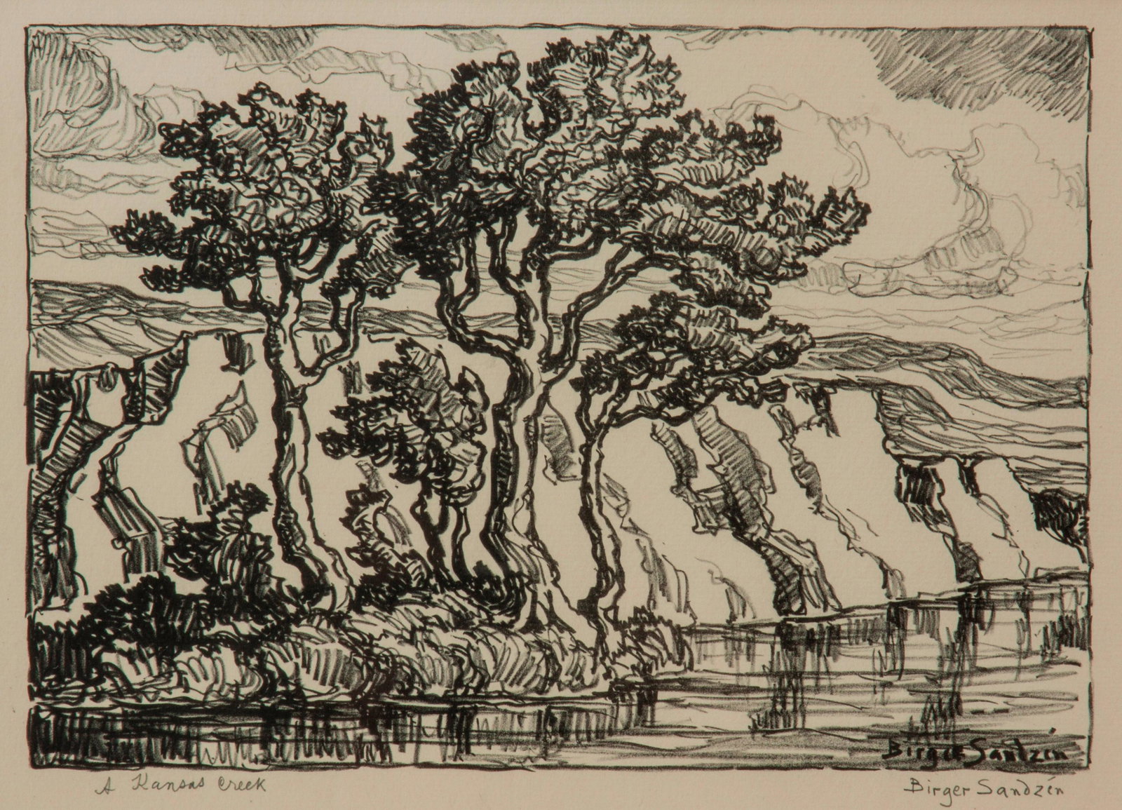 Birger Sandzen 'A Kansas Creek' Signed Lithograph: Birger Sandzen (Swedish-American, 1871-1954) A Kansas Creek, 1930 Lithograph on paper Edition of 200 7" x 10" A pencil-signed and titled view of Wild Horse Creek lined by trees. This edition of 2