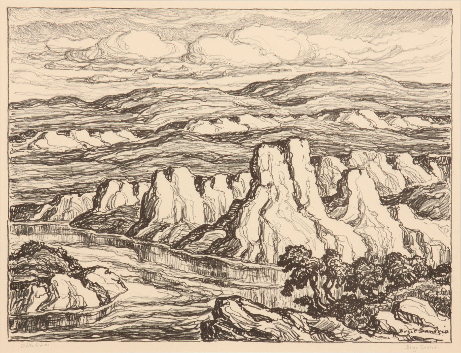 Birger Sandzen 'White Rocks' Pencil-Signed Lithograph: Birger Sandzen (Swedish-American, 1871-1954) White Rocks, 1942 Lithograph on paper Edition of 100 15 1/16" x 20 1/16" A pencil-signed and titled panorama of the rugged American West. In a wo