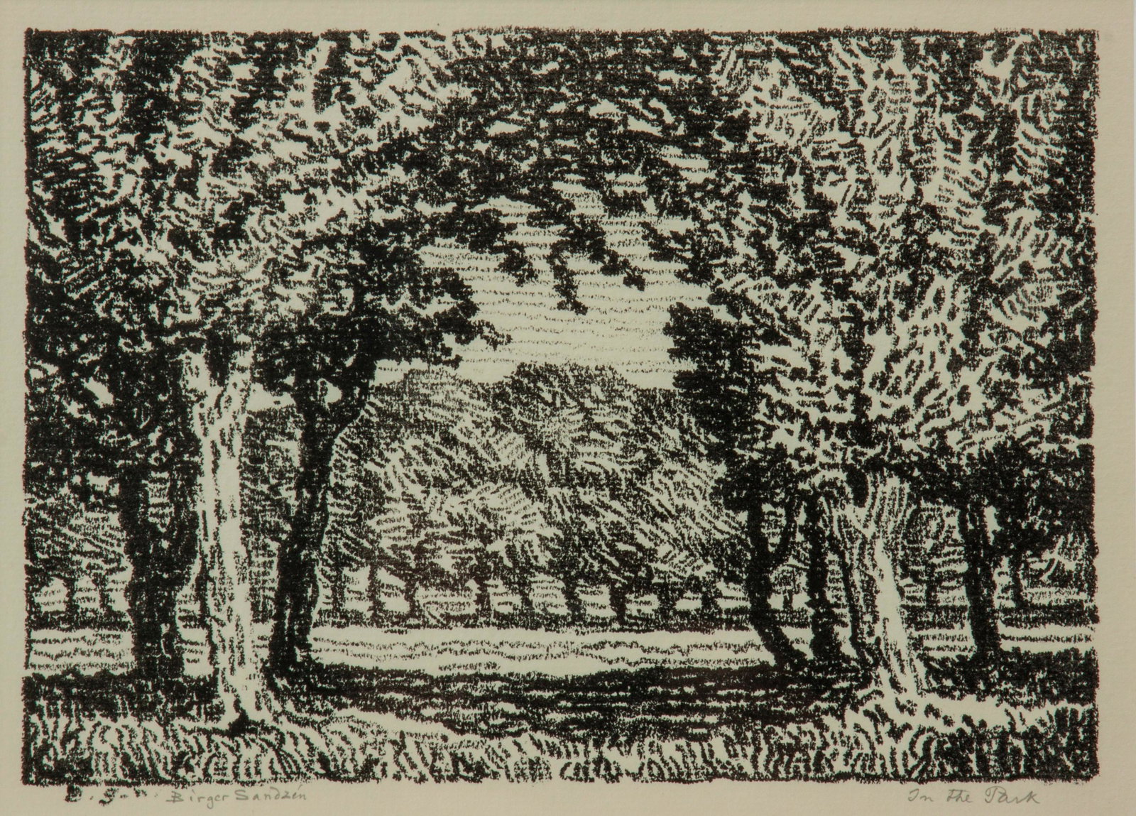 Birger Sandzen 'In the Park' Pencil-Signed Lithograph: Birger Sandzen (Swedish-American, 1871-1954) In the Park, 1917 Lithograph on paper Edition of 50 7" x 10" A pencil-signed and titled scene of Swensson Park in Lindsborg, Kansas, next to Bethany C
