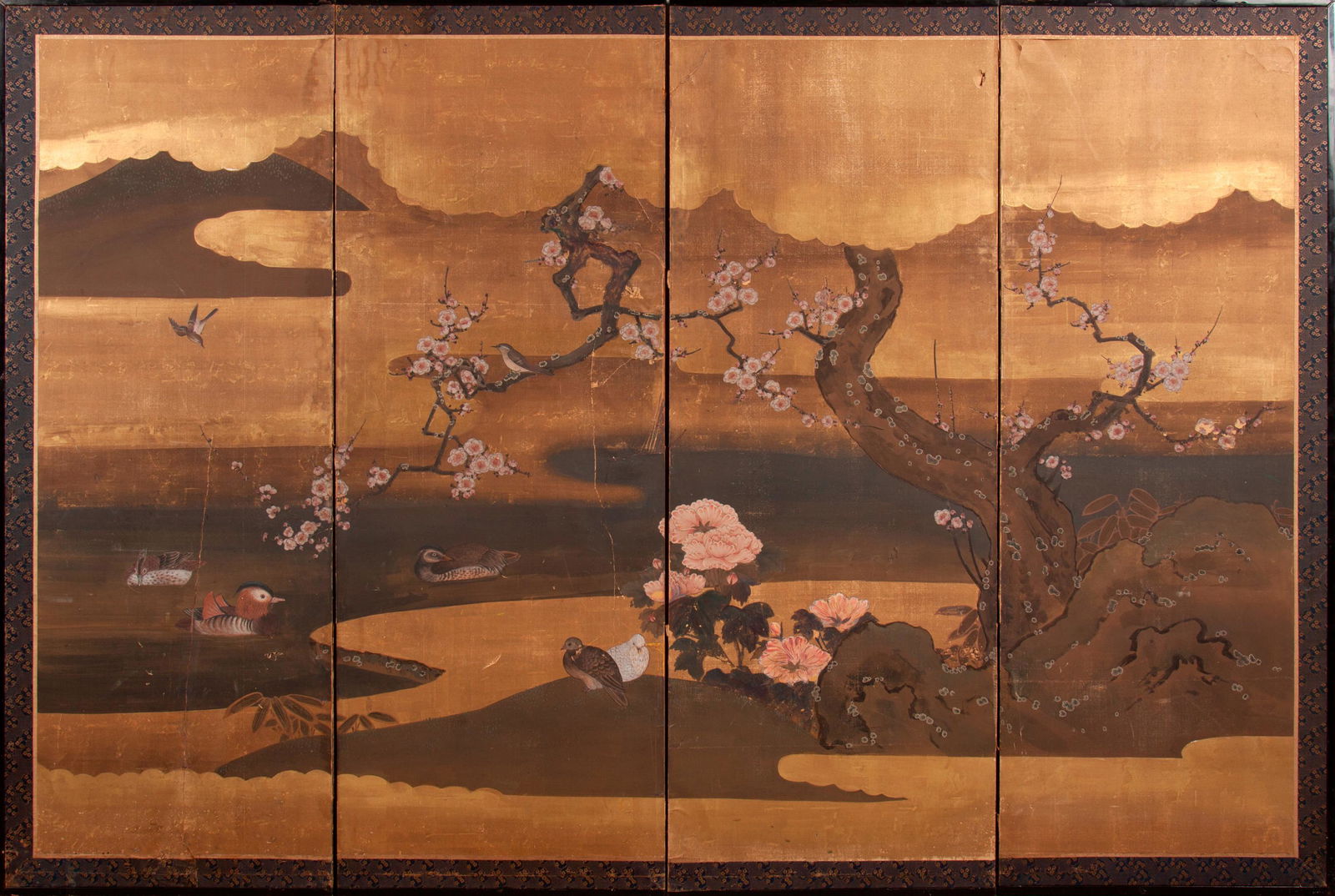 Robert Crowder (Attr.) Japanese-Style Four-Panel Screen: Robert Crowder (attributed) (Beverly Hills, 1911-2010) Byobu screen 67" x 99 1/2" A four-panel Japanese-style byobu screen. Gold, ink, and colors on paper, with a silk border and black lacq