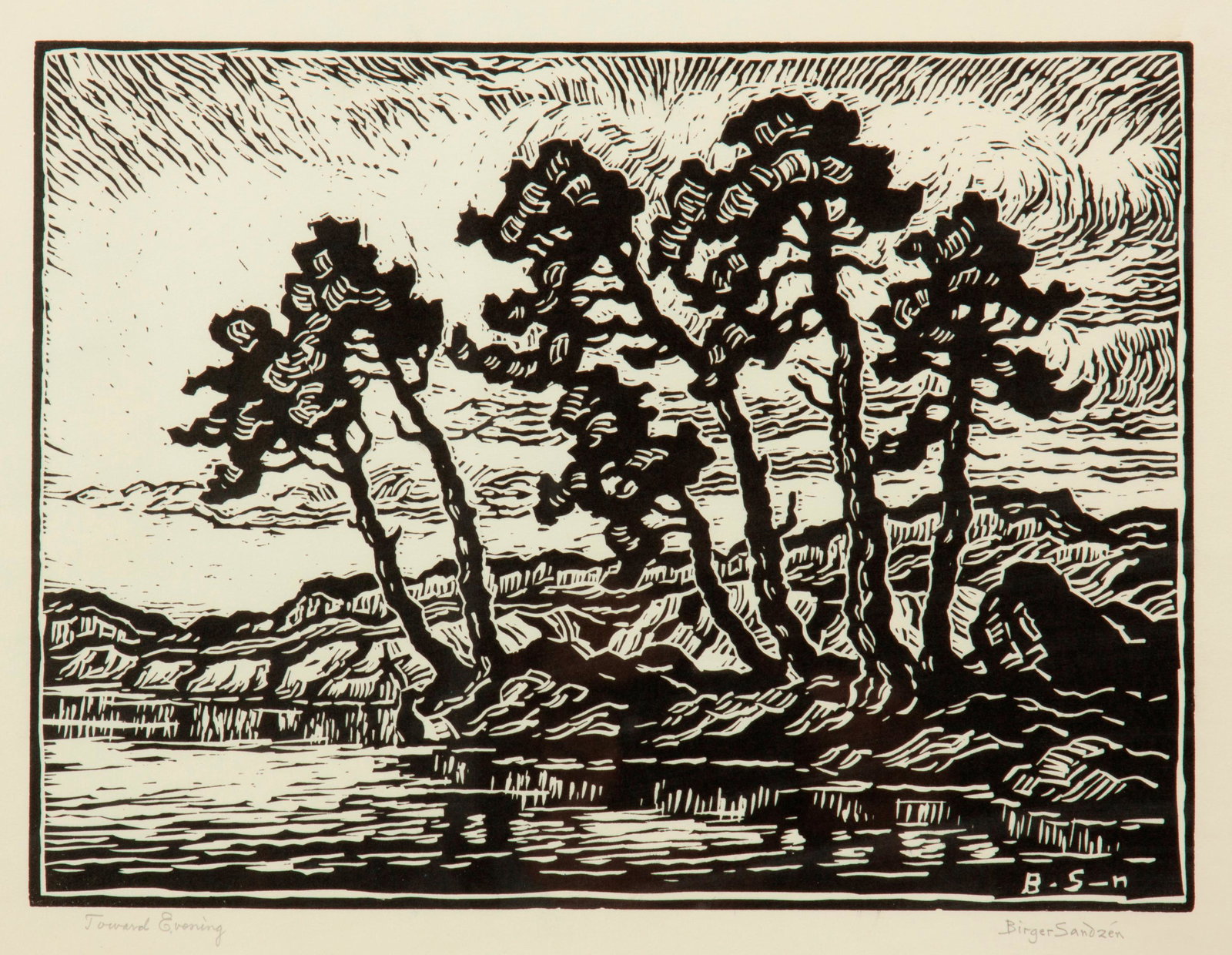 Birger Sandzen 'Toward Evening' Pencil-Signed Linocut: Birger Sandzen (Swedish-American, 1871-1954) Toward Evening, 1942 Linocut on paper Two editions 8 15/16" x 11 15/16" A pencil-signed and titled linoleum block print of trees along a stream. In a
