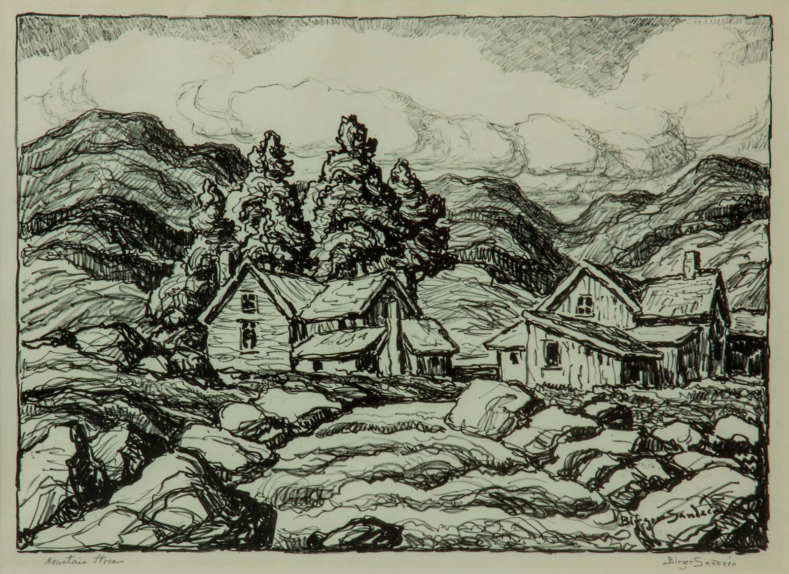 Birger Sandzen 'Mountain Stream' Signed Lithograph: Birger Sandzen (Swedish-American, 1871-1954) Mountain Stream, 1937 Lithograph on paper Edition of 100 10" x 14" A pencil-signed and titled view of a stream flowing through a mountain homestead. I