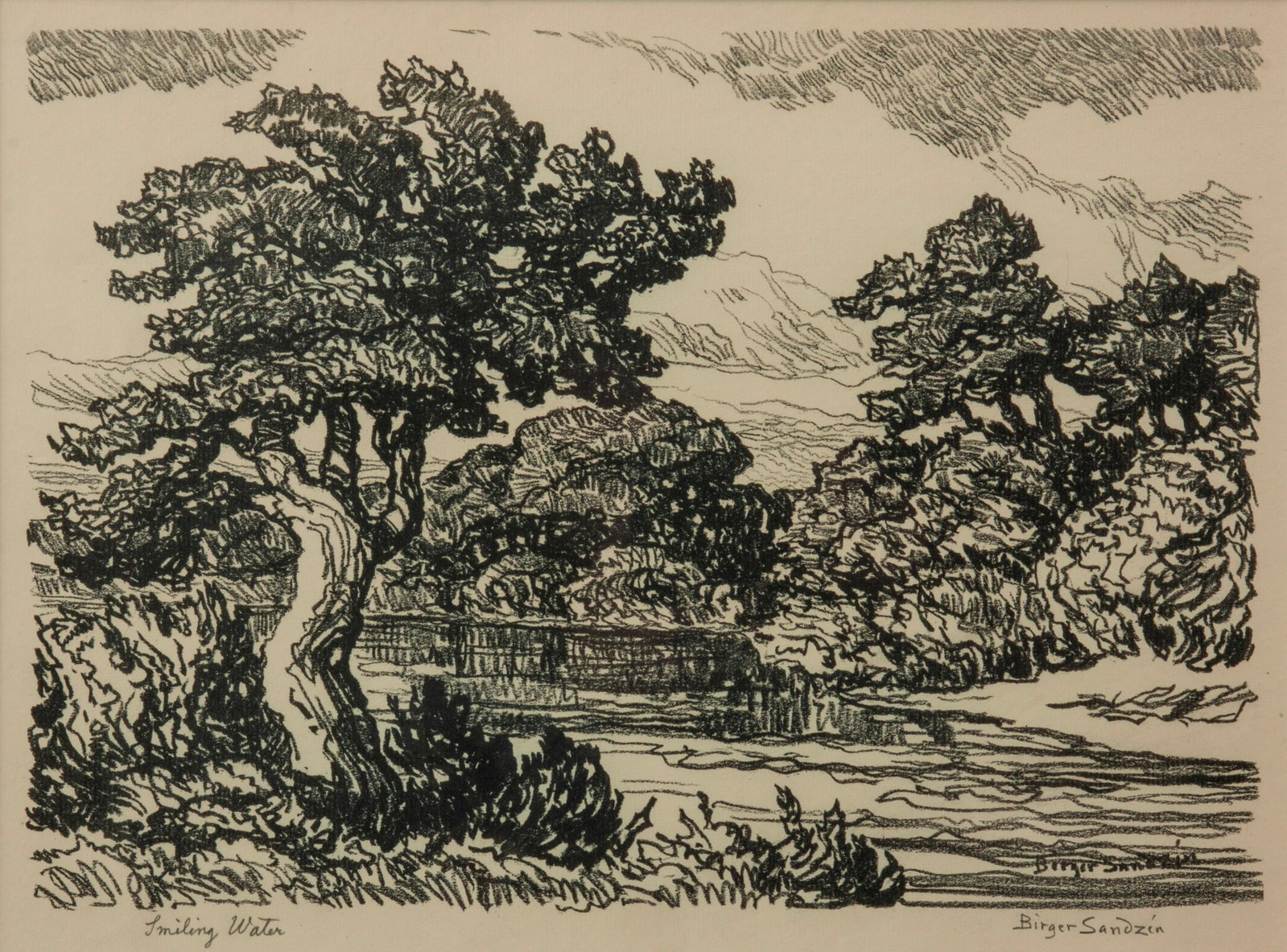 Birger Sandzen 'Smiling Water' Pencil-Signed Lithograph: Birger Sandzen (Swedish-American, 1871-1954) Smiling Water, 1925 Lithograph on paper Edition of 100 9 3/4" x 13 3/4" A pencil-signed and titled lithographic stream view. In a wooden frame that me