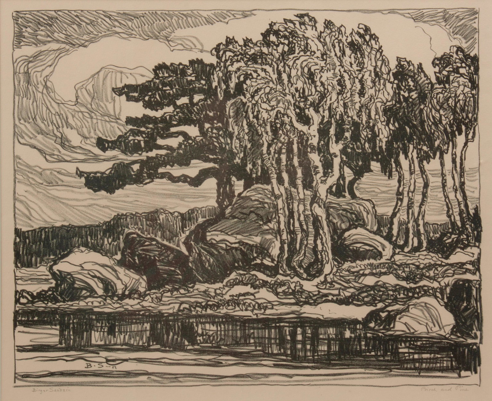 Birger Sandzen 'Birch and Pine' Signed Lithograph: Birger Sandzen (Swedish-American, 1871-1954) Birch and Pine, 1924 Lithograph on paper Edition of 100 13 3/4" x 17" A pencil-signed and titled view of stream-side birch trees with pines shaded beh