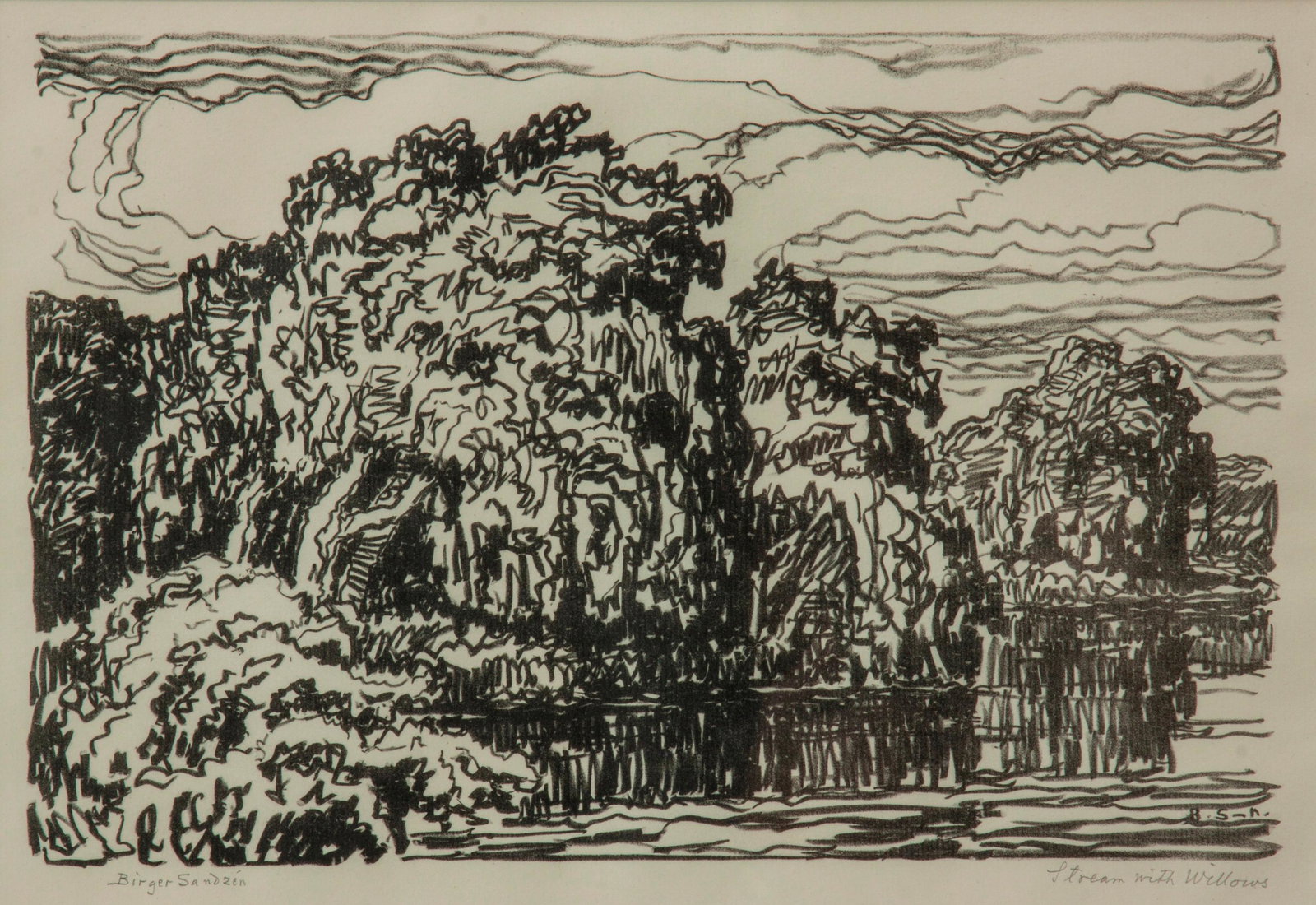 Birger Sandzen 'Stream with Willows' Signed Lithograph: Birger Sandzen (Swedish-American, 1871-1954) Stream with Willows, 1923 Lithograph on paper Edition of 100 7 3/4" x 11 3/4" A pencil-signed and titled scene of gestural willow trees lining the ban