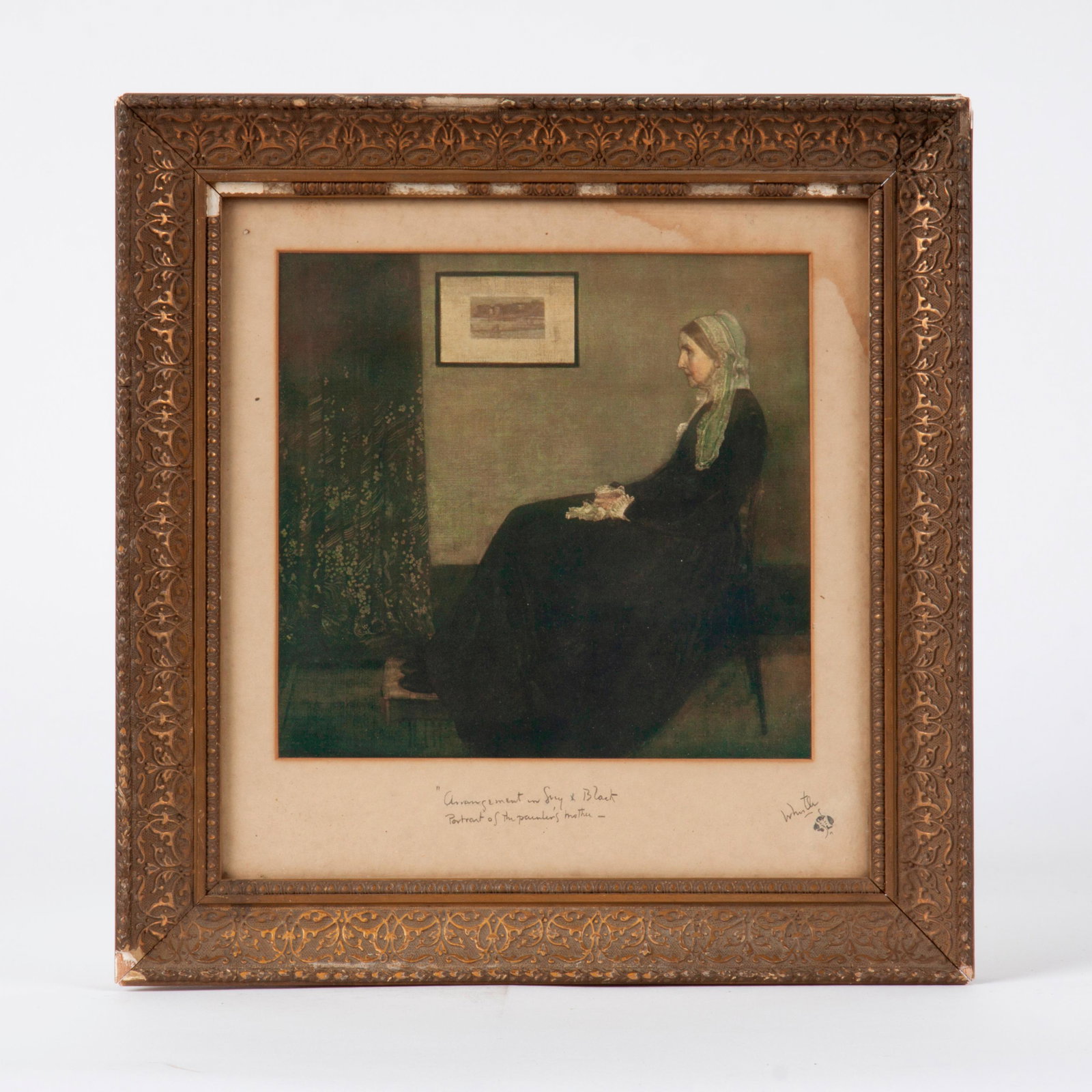 James McNeill Whistler Signed Print, Whistler's Mother: An offset print after James McNeill Whistler (American, 1834-1903), pencil-signed by Whistler with the artist's butterfly paraph, and pencil-titled in the artist's hand "Arrangement in Grey & Black / 