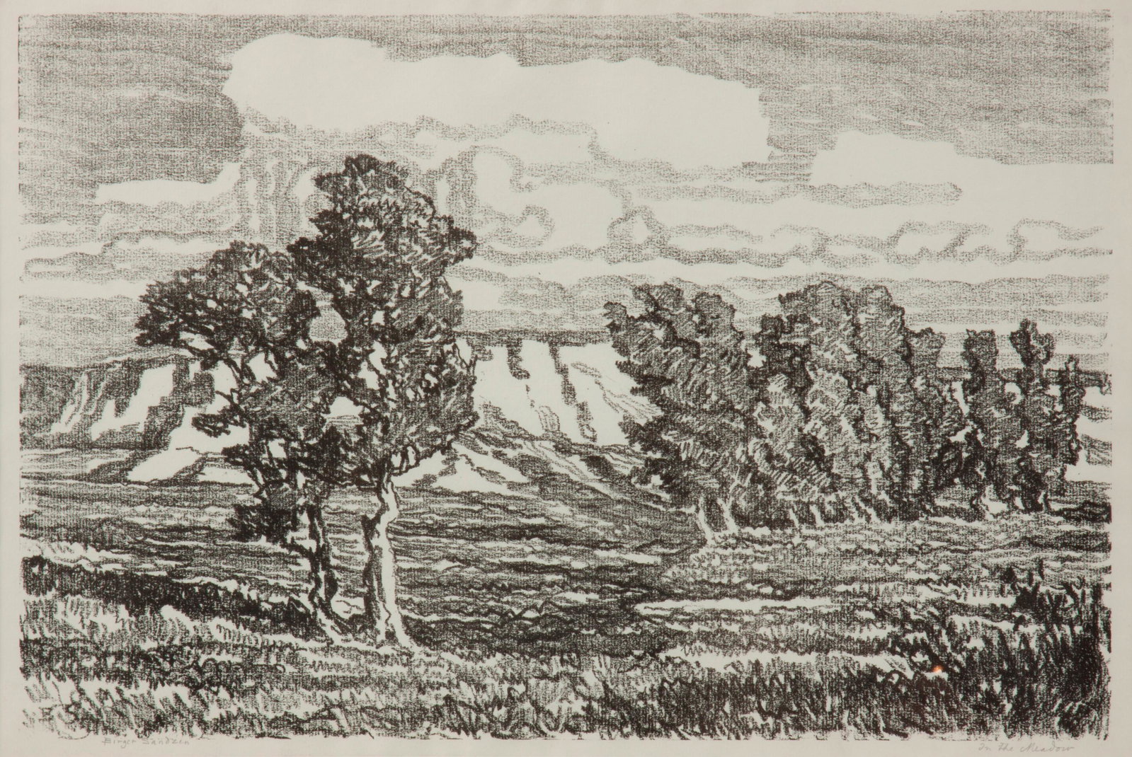 Birger Sandzen 'In the Meadow' Pencil-Signed Lithograph: Birger Sandzen (Swedish-American, 1871-1954) In the Meadow, 1917 Lithograph on paper Edition of 50 12" x 18" A pencil-signed and titled Midwestern meadow view, executed on white