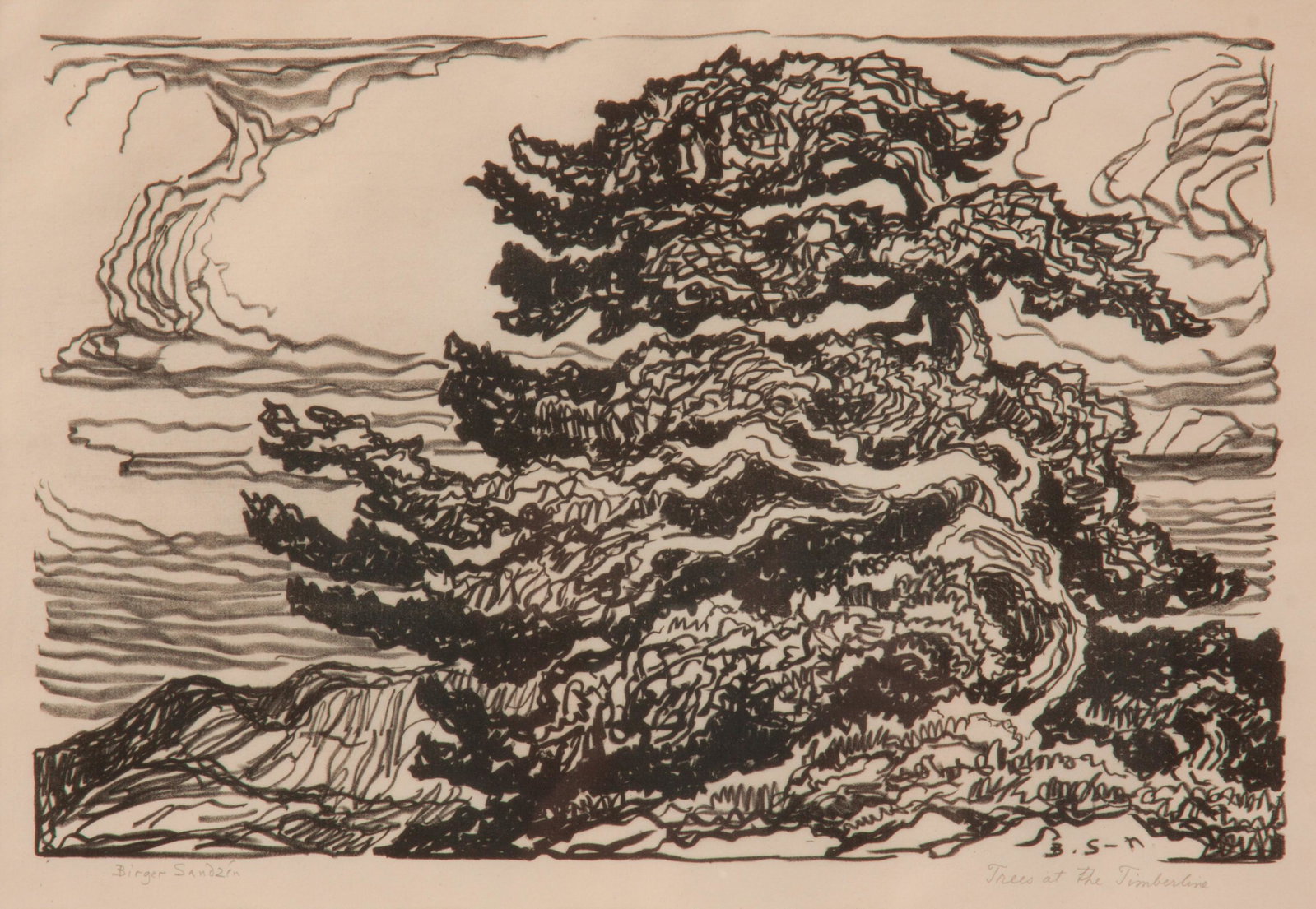 Birger Sandzen 'Trees at the Timberline' Lithograph: Birger Sandzen (Swedish-American, 1871-1954) Trees at the Timberline, 1923 Lithograph on paper Edition of 100 7 3/4" x 11 3/4" A pencil-signed and titled image of cedars about 12