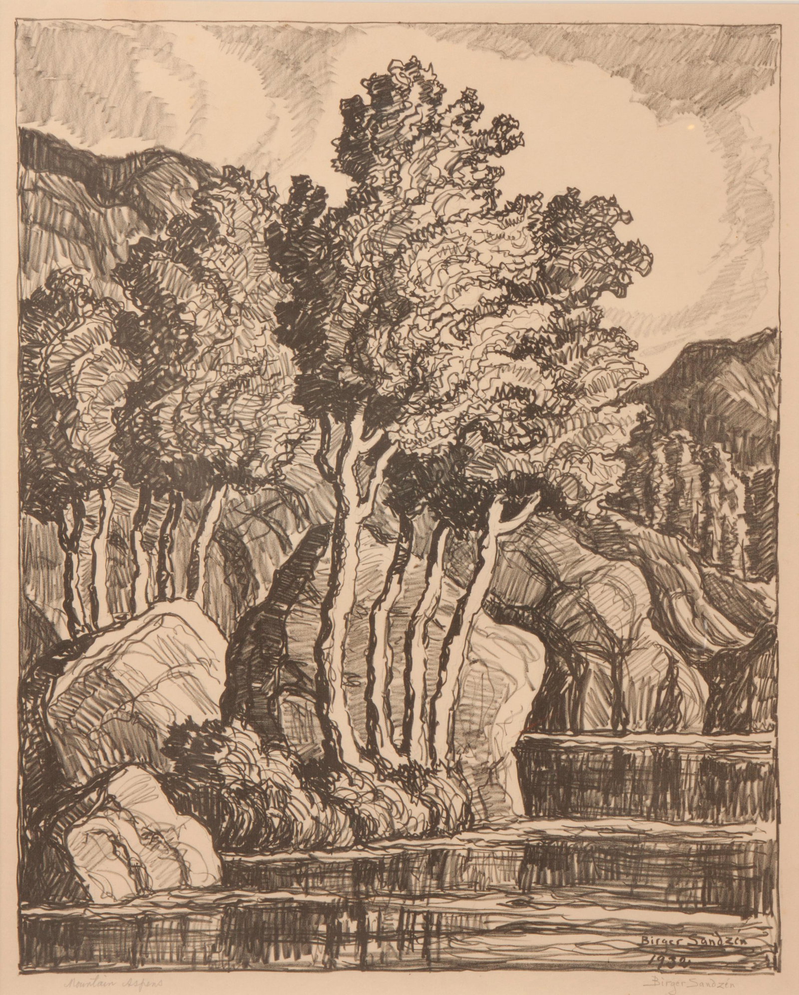 Birger Sandzen 'Mountain Aspens' Signed Lithograph: Birger Sandzen (Swedish-American, 1871-1954) Mountain Aspens, 1932 Lithograph on paper Edition of 100 20" x 16" A pencil-signed and titled scene beside a stream, likely in Colorado,
