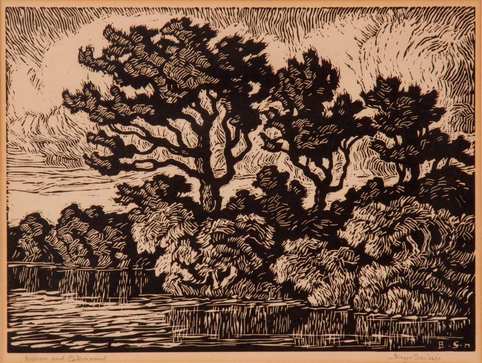 Birger Sandzen 'Willow and Cottonwood' Signed Linocut: Birger Sandzen (Swedish-American, 1871-1954) Willow and Cottonwood, 1931 Linocut on paper Five editions 9" x 12 1/8" A pencil-signed and titled of trees along a river bank,