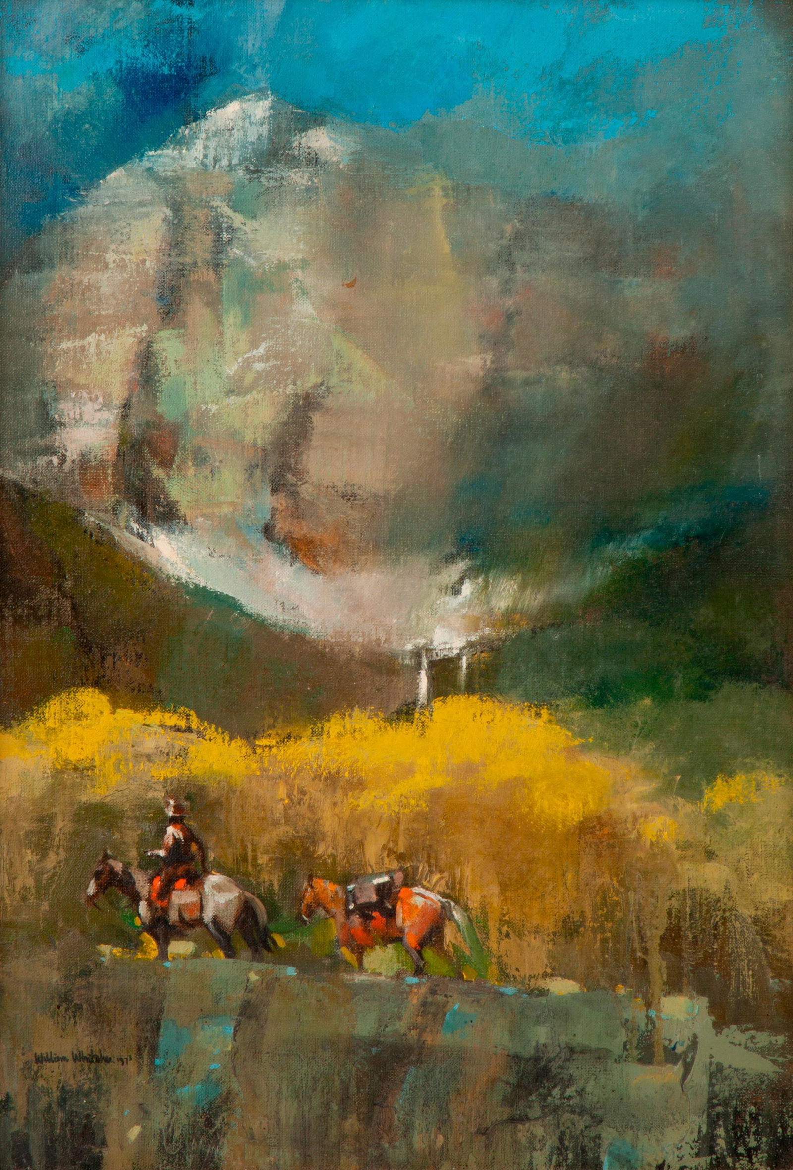 William Whitaker Oil on Canvas, 'Packing In': William Whitaker (American, b. 1943) Packing In, 1973 Oil on canvas 20" x 14" A depiction of a man on horseback leading a pack horse through mountainous terrain, signed and dated in the bottom left.