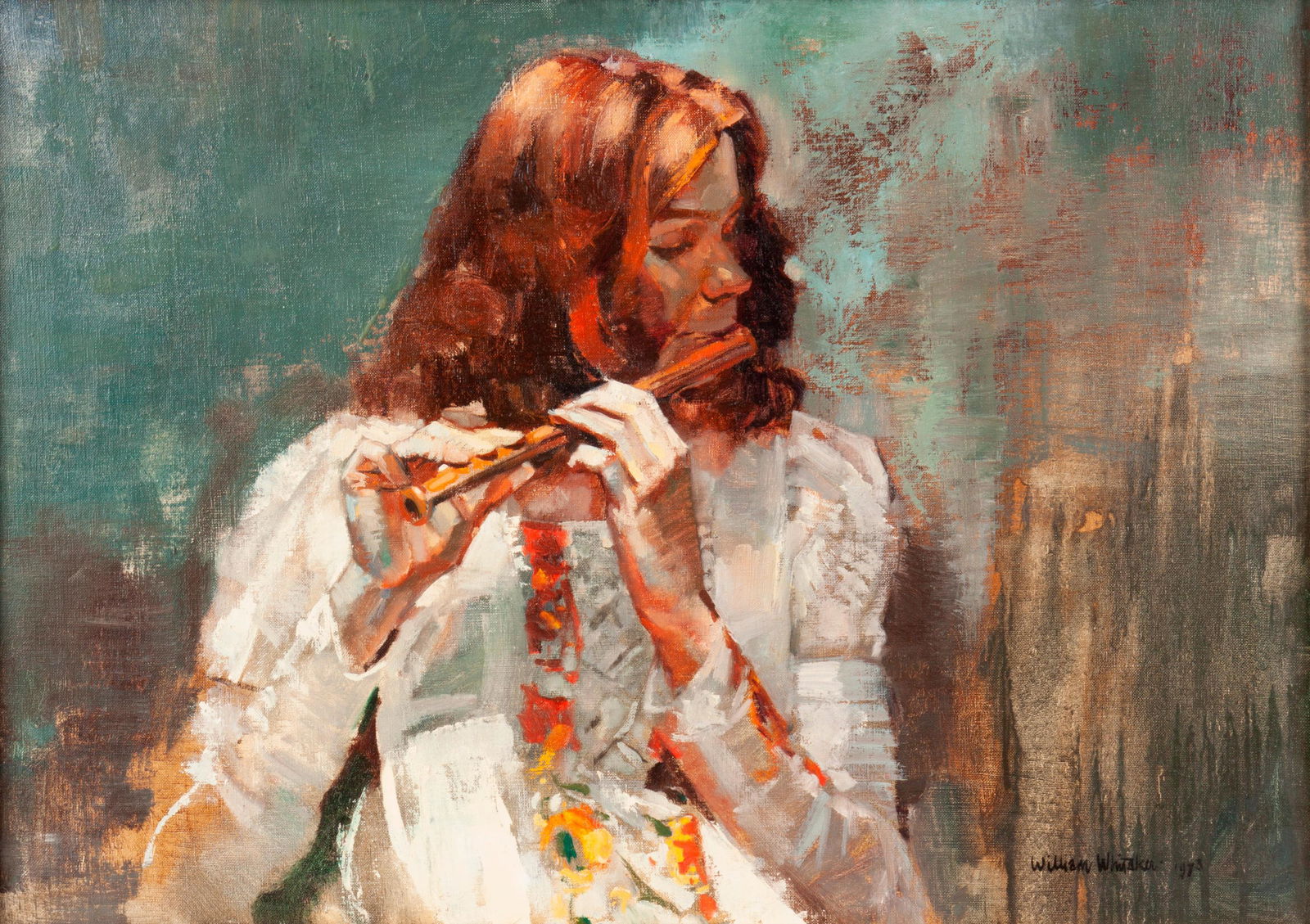 William Whitaker Oil on Canvas, Woman Playing Flute: William Whitaker (American, b. 1943) Untitled (Woman Playing Flute), 1973 Oil on canvas 20" x 28" Signed and dated in the bottom right. William Whitaker is a Utah-based art educator, celebrated conte