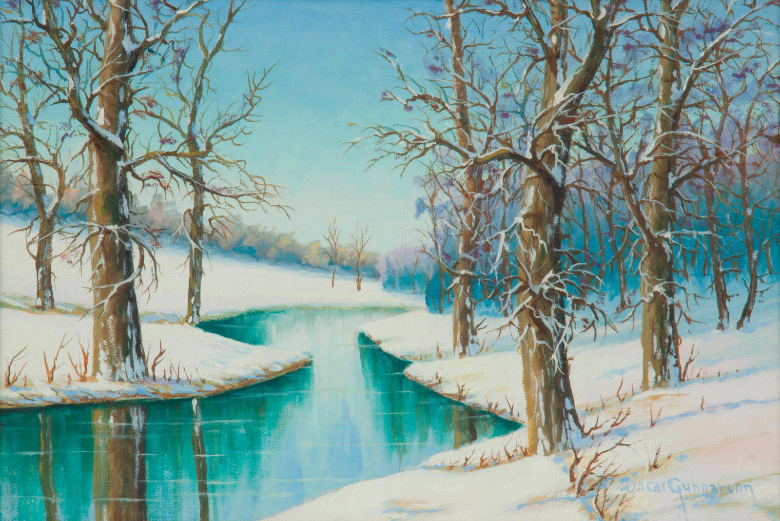 Oscar Gunnarson (1884-1962) Oil, Snowy Creek: Oscar Gunnarson (Kansas, 1884-1962) Untitled (Snowy Creek) Oil on canvas board 8" x 12" (mat sight) An oil by Lindsborg, Kansas native Oscar Gunnarson, a pupil of Birger Sandzen. Signed to the b