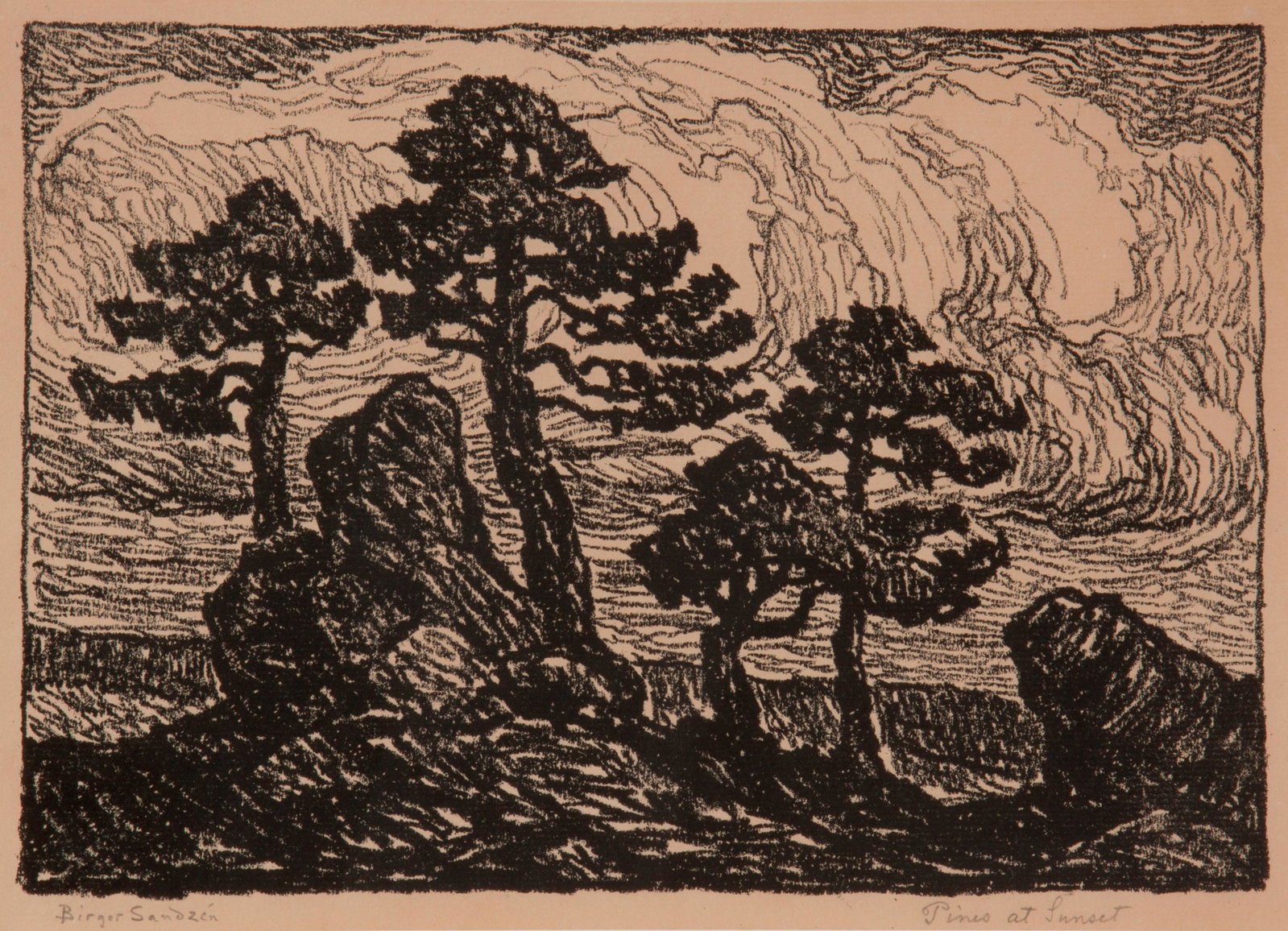 Birger Sandzen 'Pines at Sunset' Signed Lithograph: Birger Sandzen (Swedish-American, 1871-1954) Pines at Sunset, 1923 Lithograph on paper Edition of 100 7" x 10" A pencil-signed and titled scene of silhouetted pines on a rocky lo