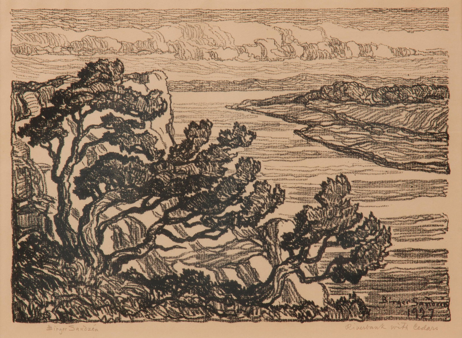 Birger Sandzen 'Riverbank with Cedars' Lithograph: Birger Sandzen (Swedish-American, 1871-1954) Riverbank with Cedars, 1927 Lithograph on paper Edition of 150 10" x 13 7/8" A pencil-signed and titled view of the Missouri River near Rocheport