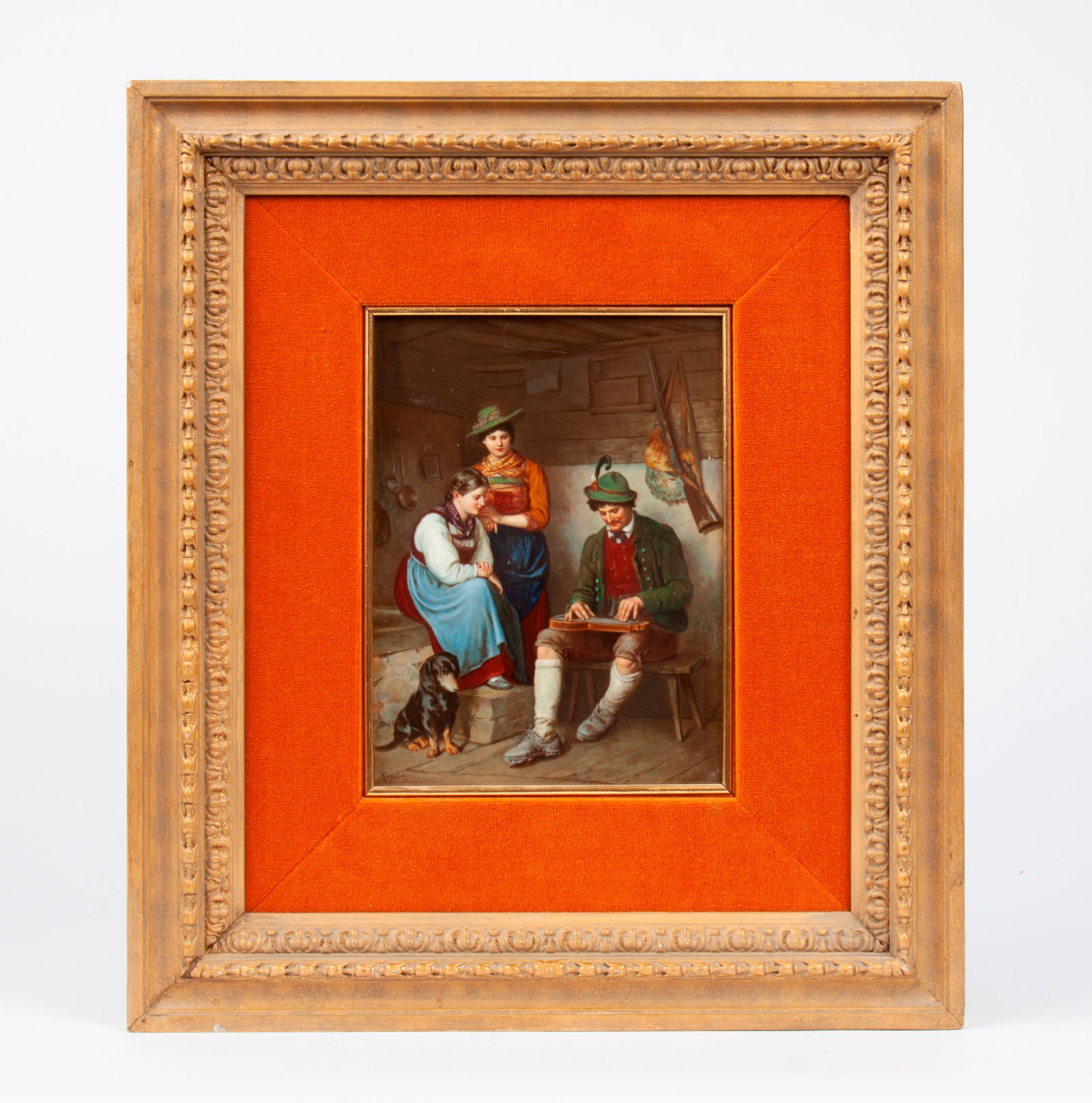 Antique KPM Porcelain Plaque with Genre Painting: A KPM (Germany) porcelain plaque, circa 1900, finely painted with a genre scene of a German man playing a dulcimer for two women and a dachshund, their timber home adorned wit