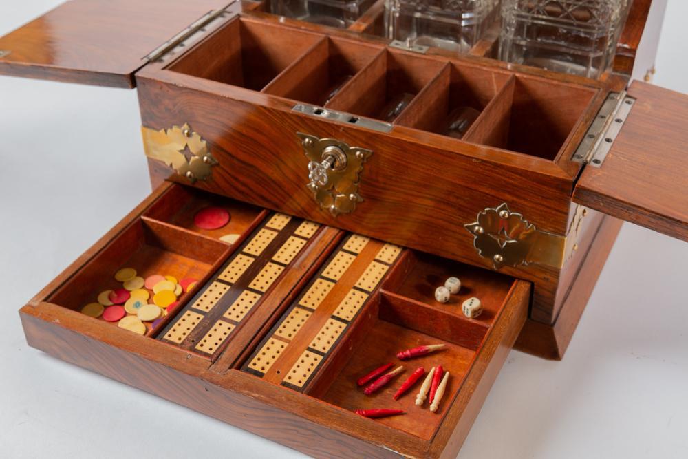 Edwardian Mirrored Walnut Game Tantalus w Cigar Storage - 11