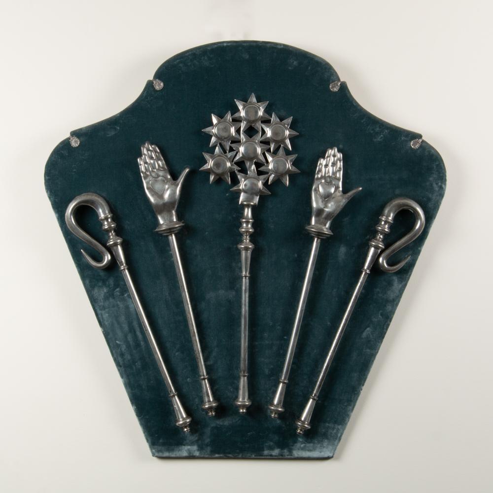 Five Odd Fellows Ceremonial Scepters Mounted on Velvet: A set of five 19th century Odd Fellows and Rebekah Lodge ceremonial pewter scepters, including two heart-in-hands, two shepherd's crooks, and a seven stars. The velvet ground measures 42" x 41", and t