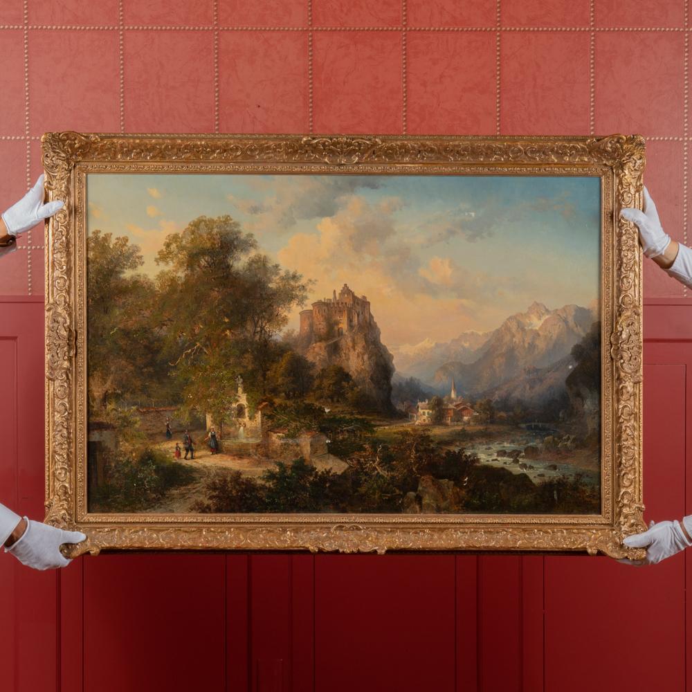 Franz Richard Unterberger Oil, Germanic Landscape: Franz Richard Unterberger (Austrian, 1838-1902) Oil on canvas 30" x 44 1/2" A Germanic Romantic mountainous landscape with clifftop castle, possibly inspired by Lichtenstein Castle. Signed indistinctl