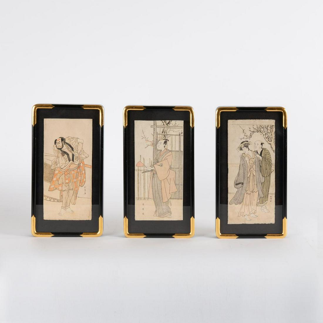 Three 19th c. Ukiyo-e Woodblocks of Kabuki Actors: A group of three Japanese color woodblocks created circa 1800, early 19th century impressions, depicting kabuki actors including Sawamura Sojuro III and Segawa Kikunojo III. Artists uni