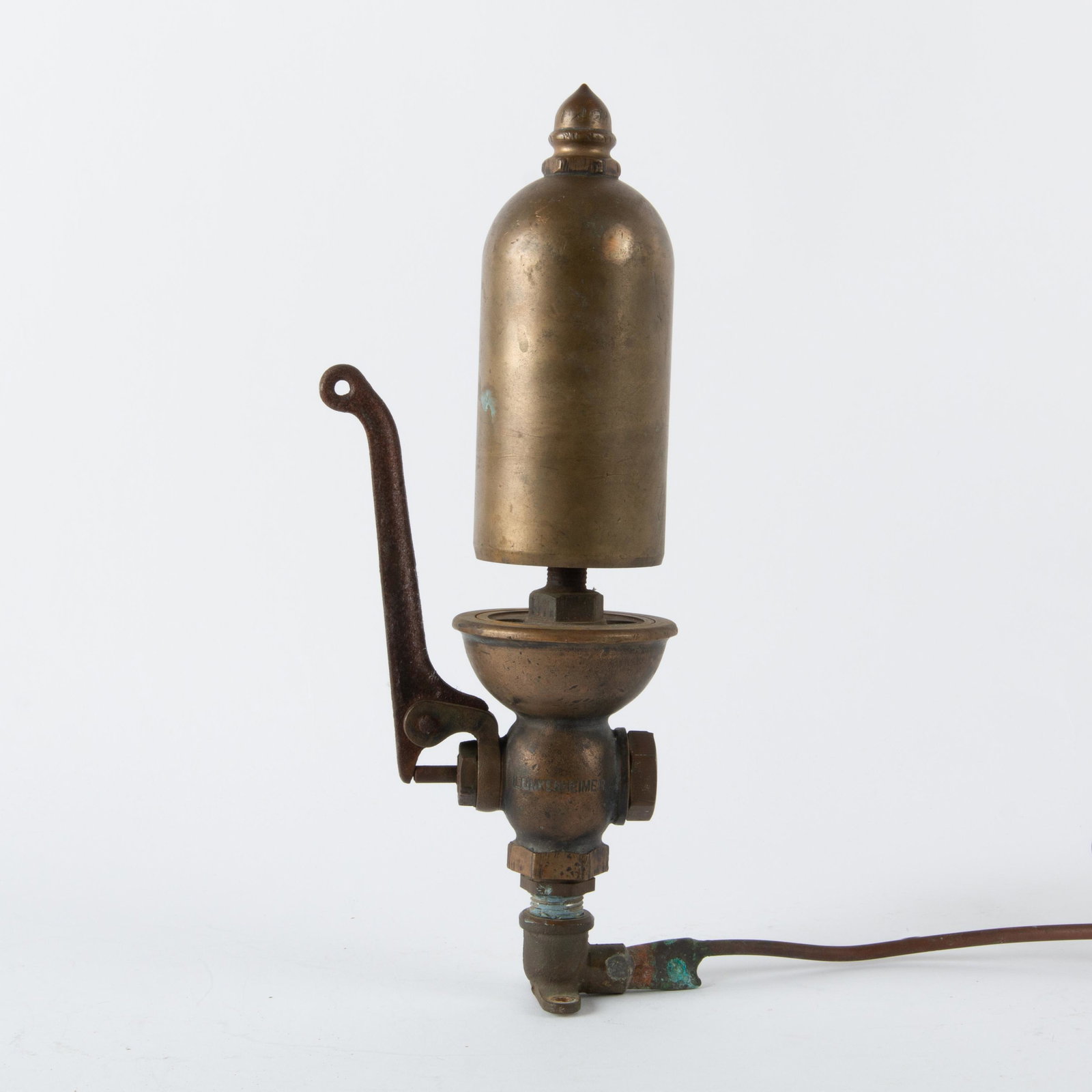 Antique Lukenheimer Steam Whistle: A Lukenheimer brass single-valve steam whistle for trains or boats, marked "3 200," and patent date March 1918. 14 1/2" x 17 1/2" x 3 1/2", including the attached copper coil.