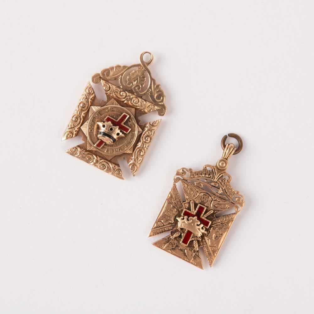 10K Royal Arch Mason HTWSSTKS Set of 2 Pendants: Royal Arch Mason Hiram, Tyrian, Widow's Son, Sent to King Solomon 10K yellow gold pendants. Both pendants are double sided with the cross and crown on one side and the "HTWSSTKS" letters on the revers