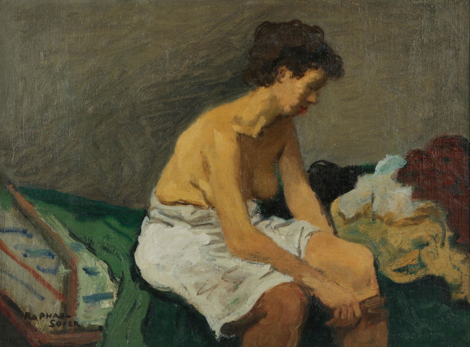 Raphael Soyer (1899-1987) Oil Nude on Canvas: Raphael Soyer (American, 1899-1987) Untitled (Woman) Oil on canvas 12â€šÃ„Ã¹ x 16â€šÃ„Ã¹ A poetical scene of a nude woman sitting on a bed in morning light, signed by the artist to t