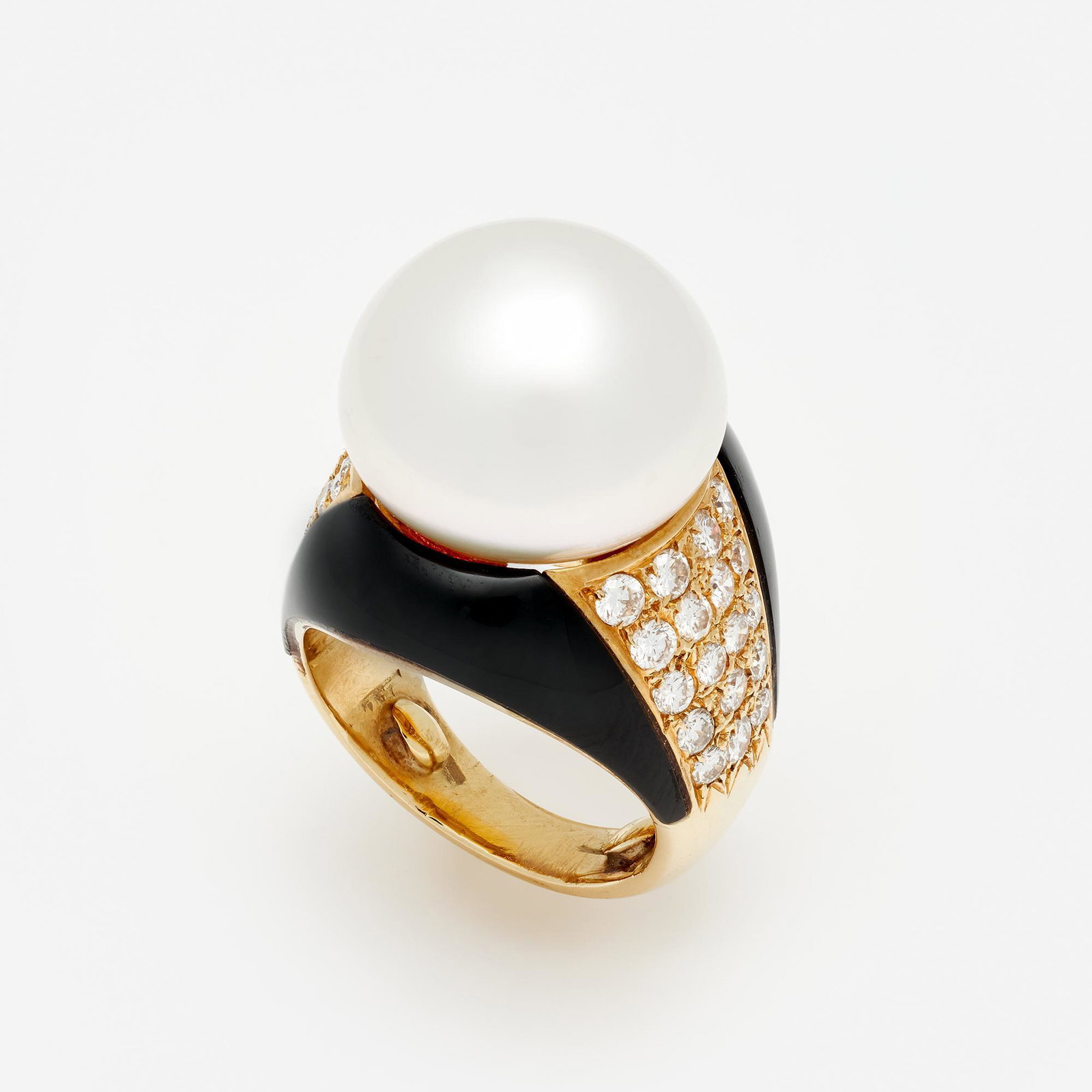 South Sea Cultured Pearl, Diamond, Jade, Bombe' Ring: An 18k yellow gold south sea pearl Bombe' ring with black jade and 1.11 carat total weight diamonds. There are two gold dots on the interior of the ring shank to cause this ring to have a smaller 