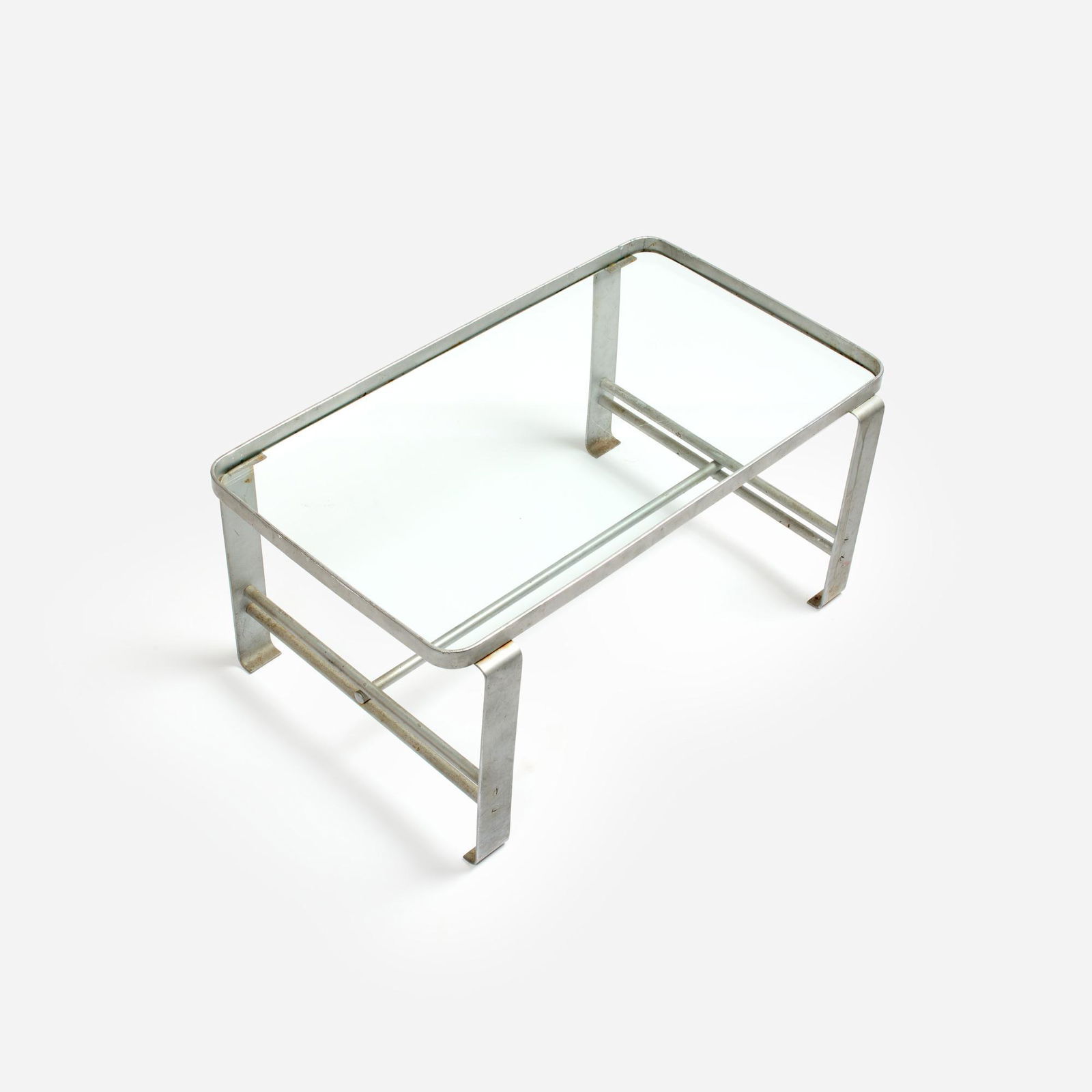 WOLFGANG HOFFMANN / Coffee Table for Howell (ca. 1936): A coffee table, chrome-plated steel overpainted in silver-gray, designed by Wolfgang Hoffmann (Austrian/American, 1900-1966) for Howell, circa 1936. Wolfgang Hoffmann (son of notable Vienna Secessioni