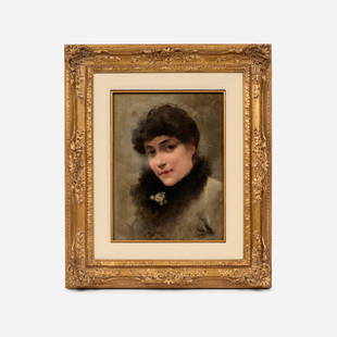 Edward Percy Moran (1862-1935) Oil on Canvas: Edward Percy Moran (American, 1862-1935) Oil on board-mounted canvas 17 1/2&#34; x 14 1/2&#34;  A disarming portrait of a woman with a black fur collar, signed PERCY MORAN to the bottom right co