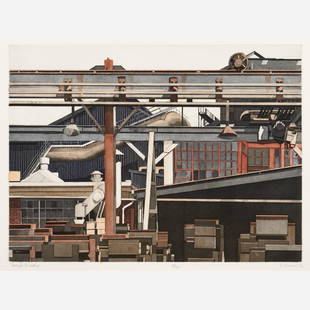 SIDNEY HURWITZ "Forge Building" (1986 Etching): Sidney Hurwitz (Massachusetts, b. 1932) Forge Building, 1986 Hand-colored etching on paper 17 1/2" x 23 1/2" Pencil-signed, titled, and numbered (#14/20) to the bottom margin. Pre