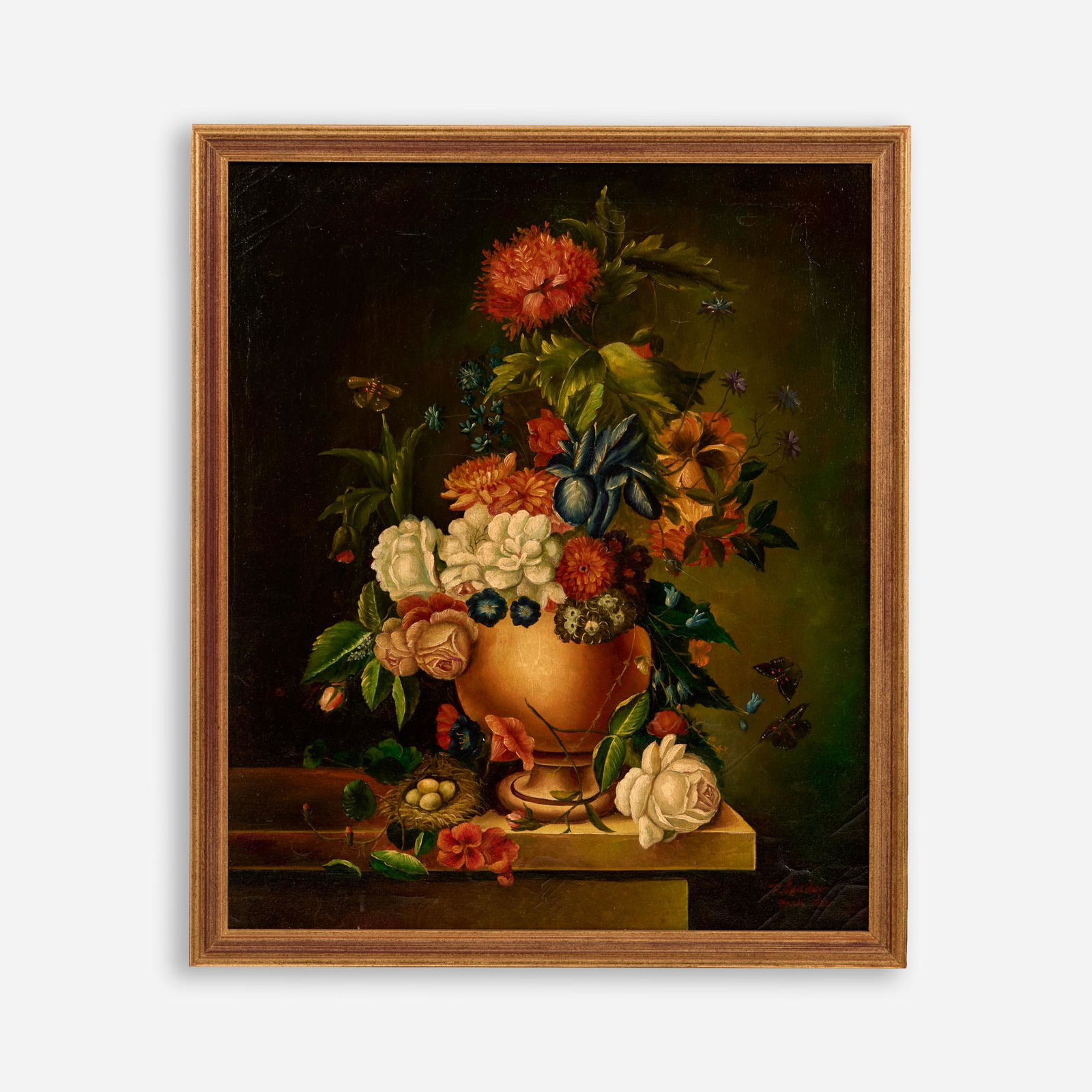Oil Still Life, Signed "P. Leudet Paris 1898": An oil still life of a floral arrangement in a vase near butterflies and a bird nest. Signed and dated to the bottom right corner: "P. Leudet Paris 1898." Measures 24" x 20", presented