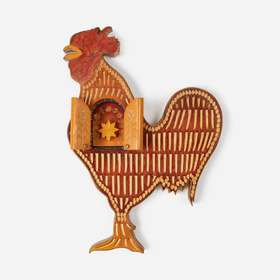DOC WOLVERTON "This Rooster Woke Up the Sun" (Painted Wood): Doc Wolverton (American, 20th c.) This Rooster Woke Up the Sun, 1995 Carved wood, tin, paint, enamel 21" x 15" x 2 1/2" From Wolverton's "Puertos" series; signed,