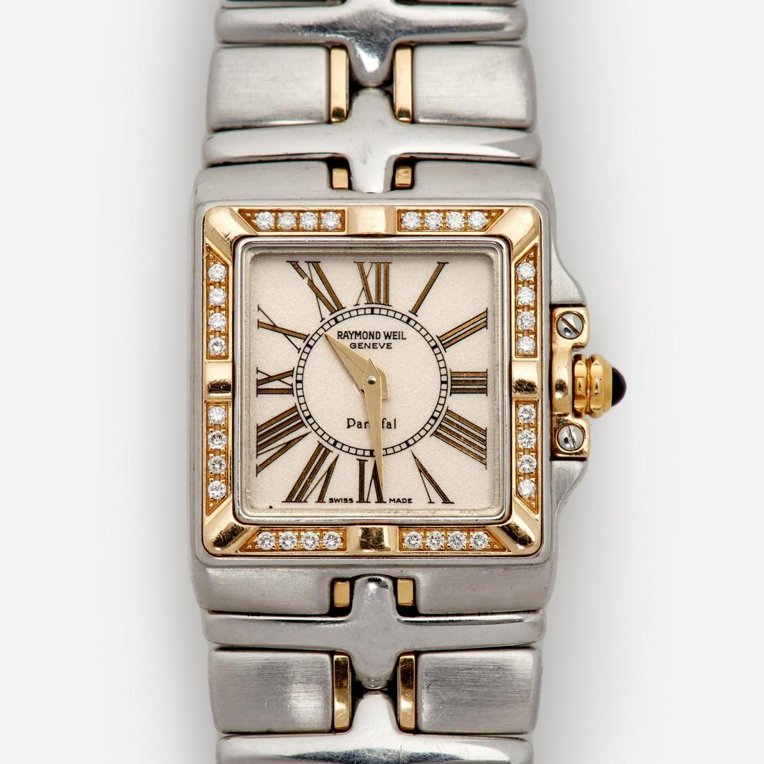 Raymond Weil Parsifal Stainless Steel Diamond Watch #9790: Raymond Weil Raymond Weil Parsifal stainless steel watch with a diamond bezel, sapphire crown and 18k yellow gold accents. The watch has a Swiss quartz movement and a butterfly clasp bracelet. Dial: