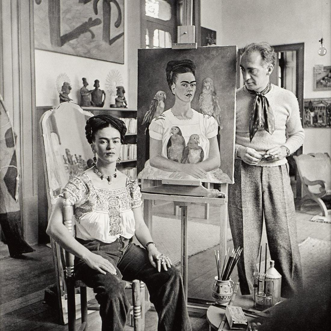 NICKOLAS MURAY "Frida Kahlo Painting 'Me & My Parrots'": Nickolas Muray (Hungarian/ American, 1892-1965) Frida Kahlo Painting "Me and My Parrots" Platinum print on Forte Elegance paper 12 1/4" x 11 3/4" The photograph was taken circa 1