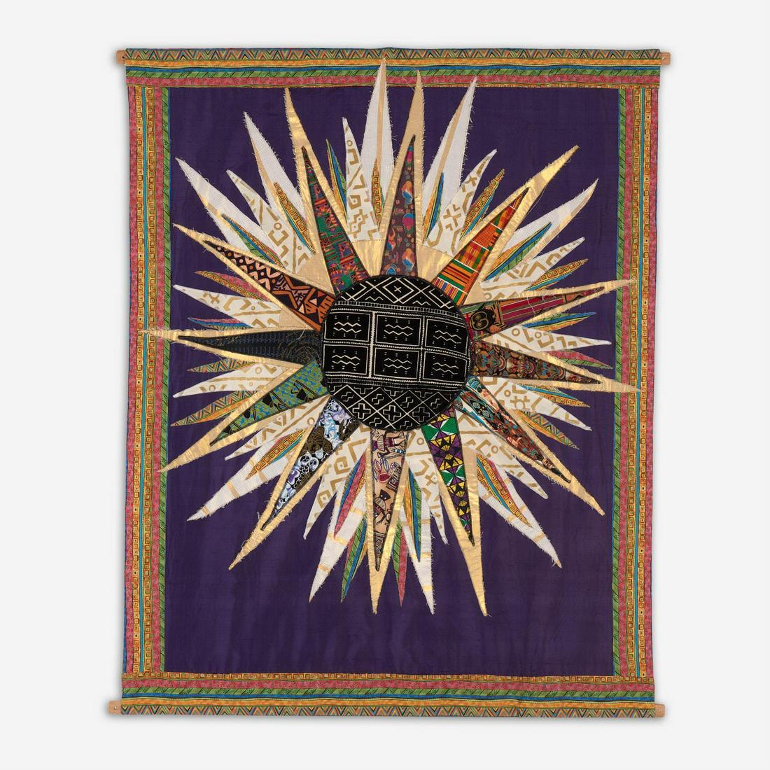 SONIE JOI RUFFIN "Sons Shall Rize" (2002 Quilt): Sonie Joi Thompson-Ruffin (Missouri, b. 1951) Sons Shall Rize, 2002 Silk, African fancy print, Bogolan cloth, metallic threads 60" x 52" Sons Shall Rize is a significant mileston
