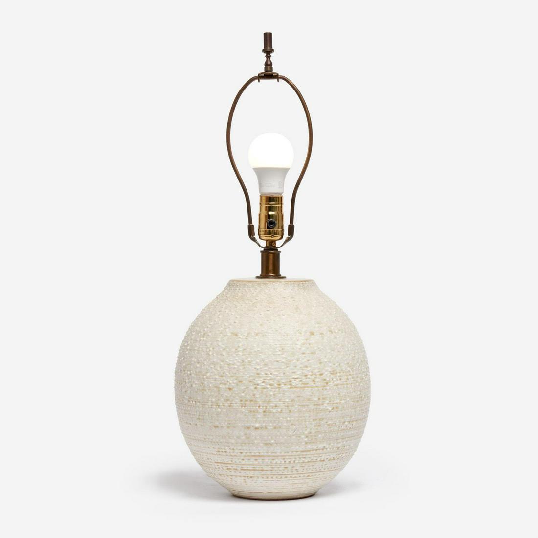 LEE ROSEN for Design Technics Stipple Glazed Lamp: A 1960s gourd-shaped ceramic table lamp with stipple textured glaze, unmarked but attributed to Lee Rosen for Design Technics (New York). No shade supplied. Measures 24" x 10".