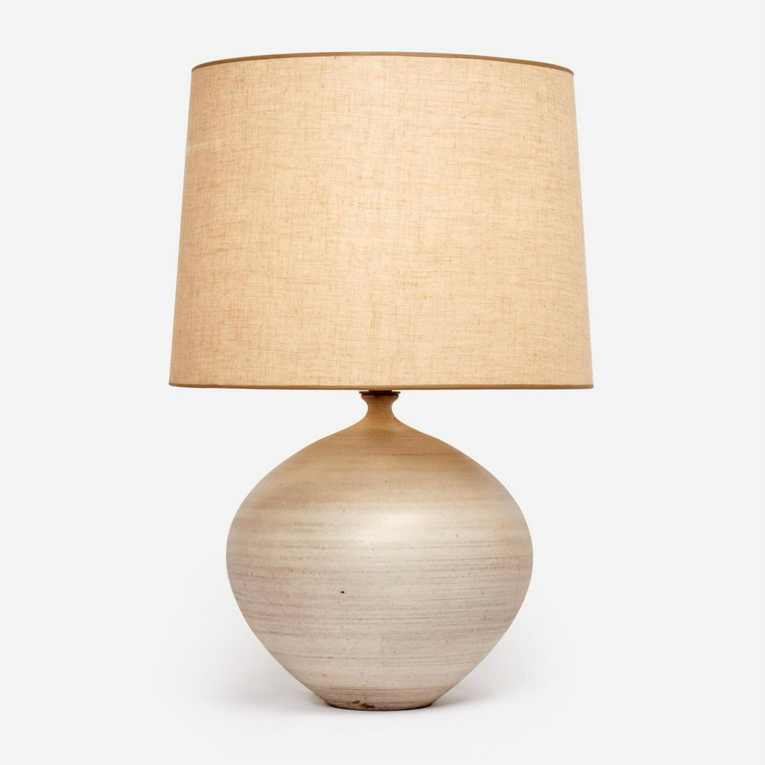 LEE ROSEN for Design Technics 4301 Ceramic Lamp (1967): A bulbous glazed ceramic table lamp (model 4301) produced by Design Technics (New York), designed by Lee Rosen in 1967. Complete with the original beige Belgian linen shade, as well as a partial Desig