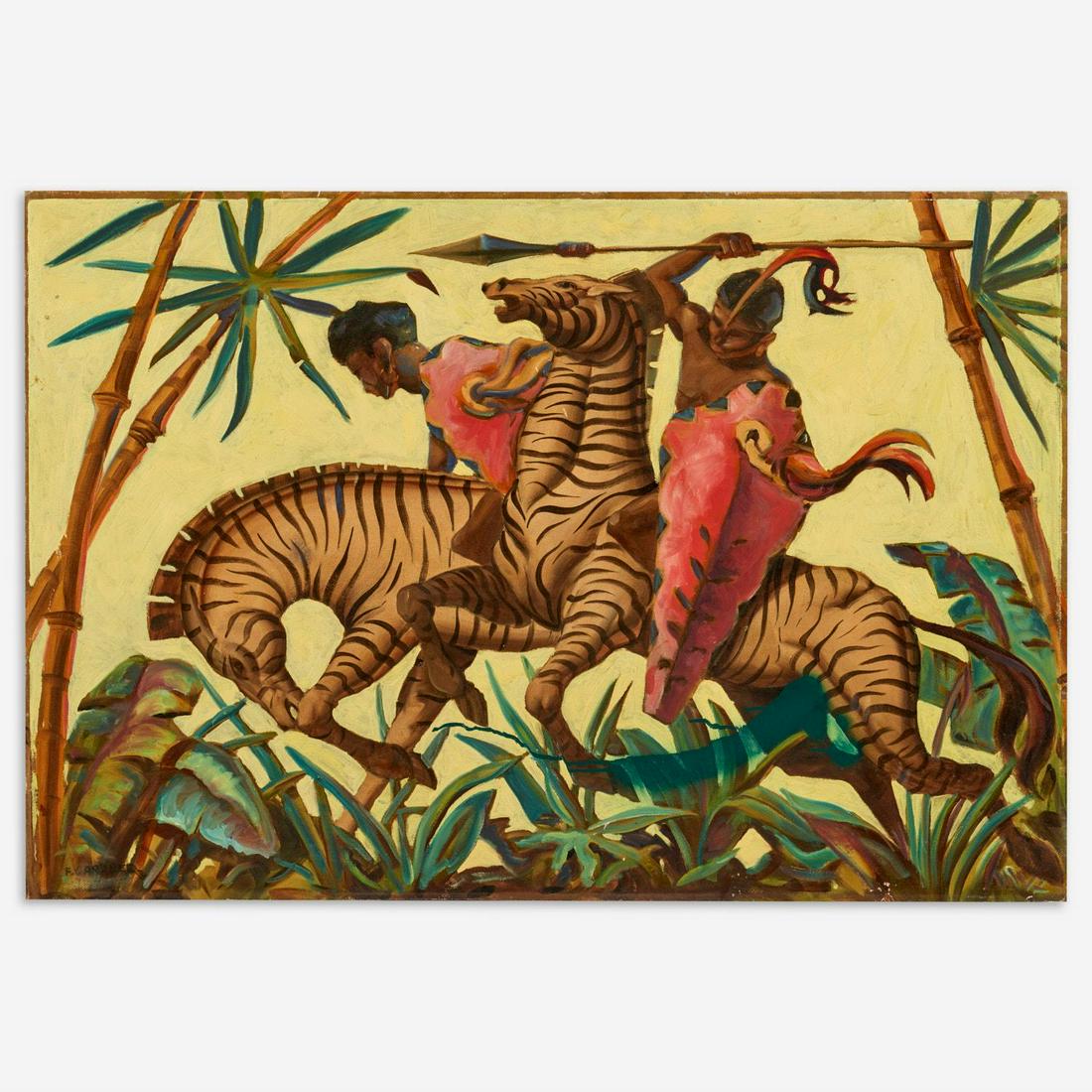 FRED GARDNER (Attr.) Untitled Oil on Masonite: Fred Gardner (attr.) (New York, 1880-1952) Fantasy scene (zebra-back warriors), mid-20th c. Oil on Masonite 31 3/4" x 46 1/2" A scene of two shield and spear-wielding warriors riding zebras, a dyn