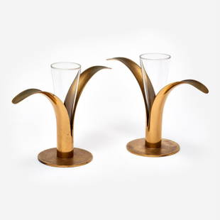 IVAR ALENIUS BJORK Pair of Ystad Lily Candle Holders: Ivar Alenius-Bjork Pair of Liljan candle holders Ystad Metall (Sweden), designed 1939 Polished brass, glass inserts 5 1/2" x 8 1/2" x 3 1/4" (each) Each is marked to the underside.