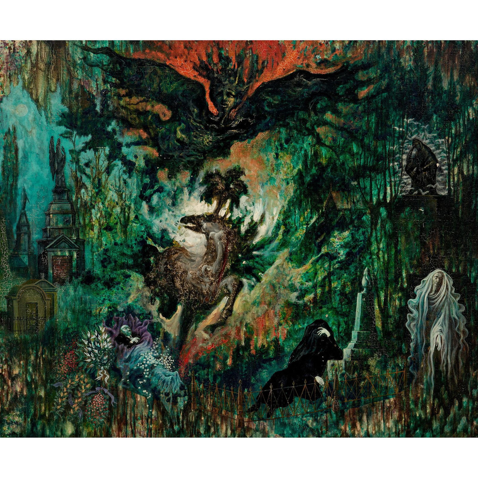 Noel Rockmore Cemetery Scene with Spirits (Oil on Masonite): Noel Rockmore (Louisiana, 1928-1995) Untitled (Cemetery Scene), circa 1960s Oil on Masonite 30" x 36" An ambitious and macabre composition set in a cemetery, the foreground occu