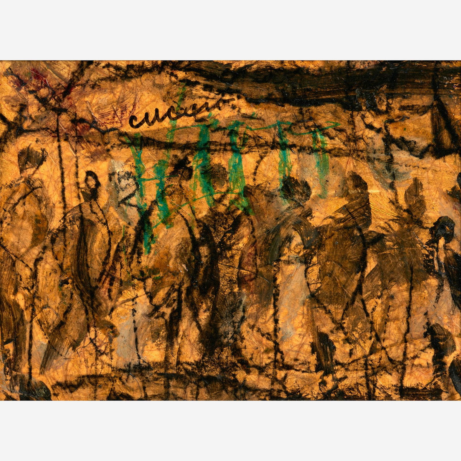 Pascal Cucaro Oil on Board (ca. 1960s): Pascal Cucaro (California, 1915-2004) Untitled, circa 1960s Oil on board with gold leaf 9" x 12" Signed to the top left, Cory Gallery (San Francisco) tag affixed to th