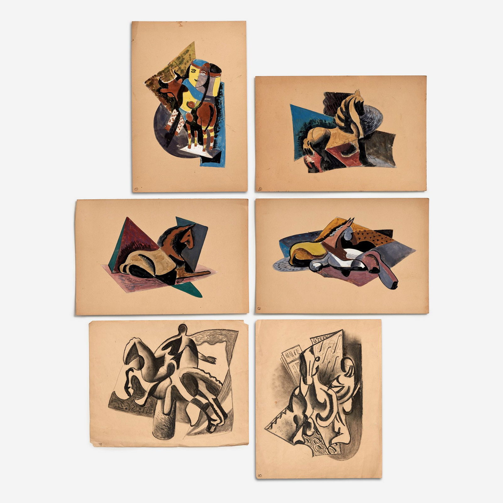 6 Eduard Buk Ulreich Works on Paper: Eduard Buk Ulreich (American, 1889-1966) Six abstract studies Gouache on cardstock-mounted paper (4), charcoal on paper (2) 15" x 10" (works on cardstock), 14" x 11" (works on pape